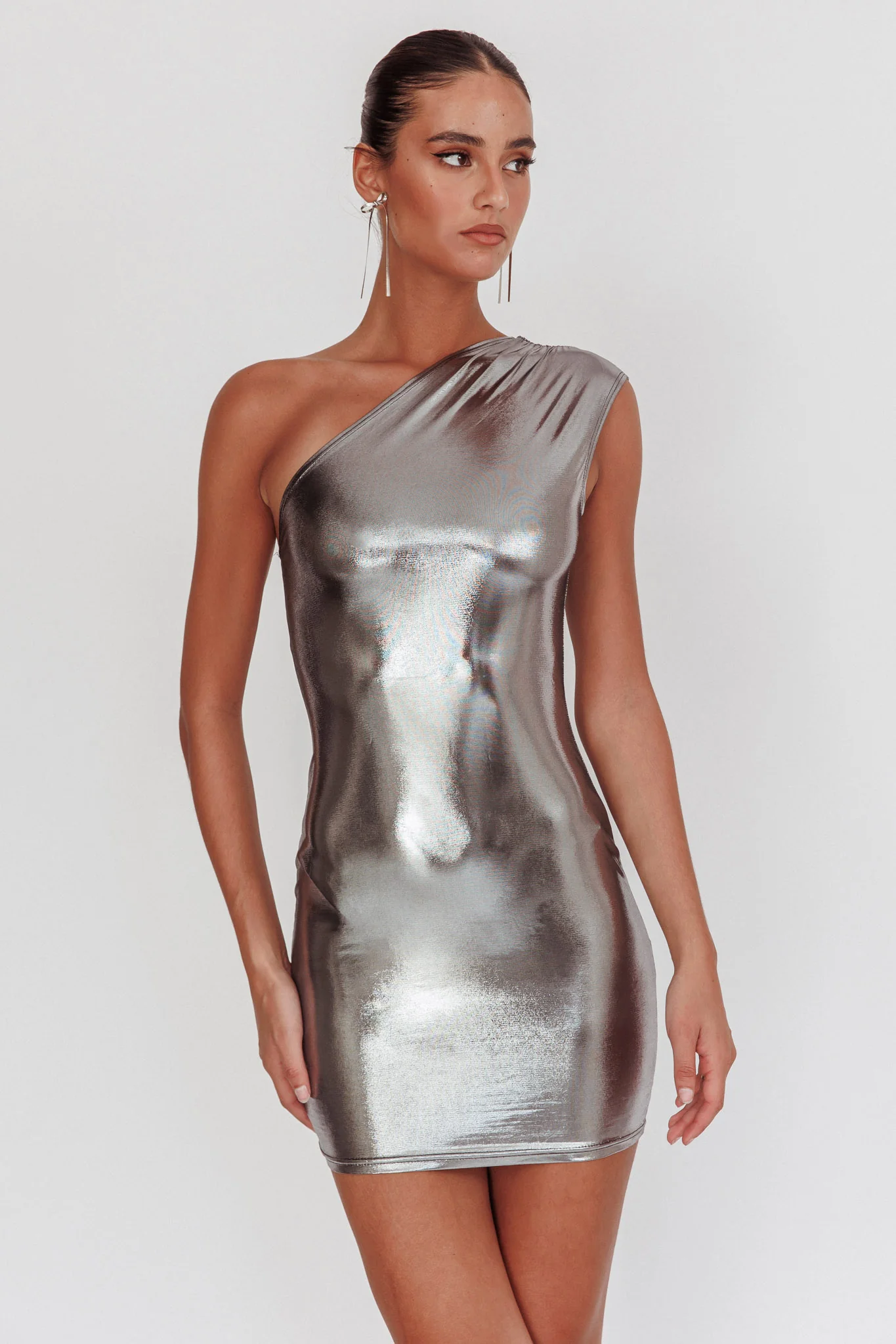 Glitter One-Shoulder Mini Dress Silver - Sonourner