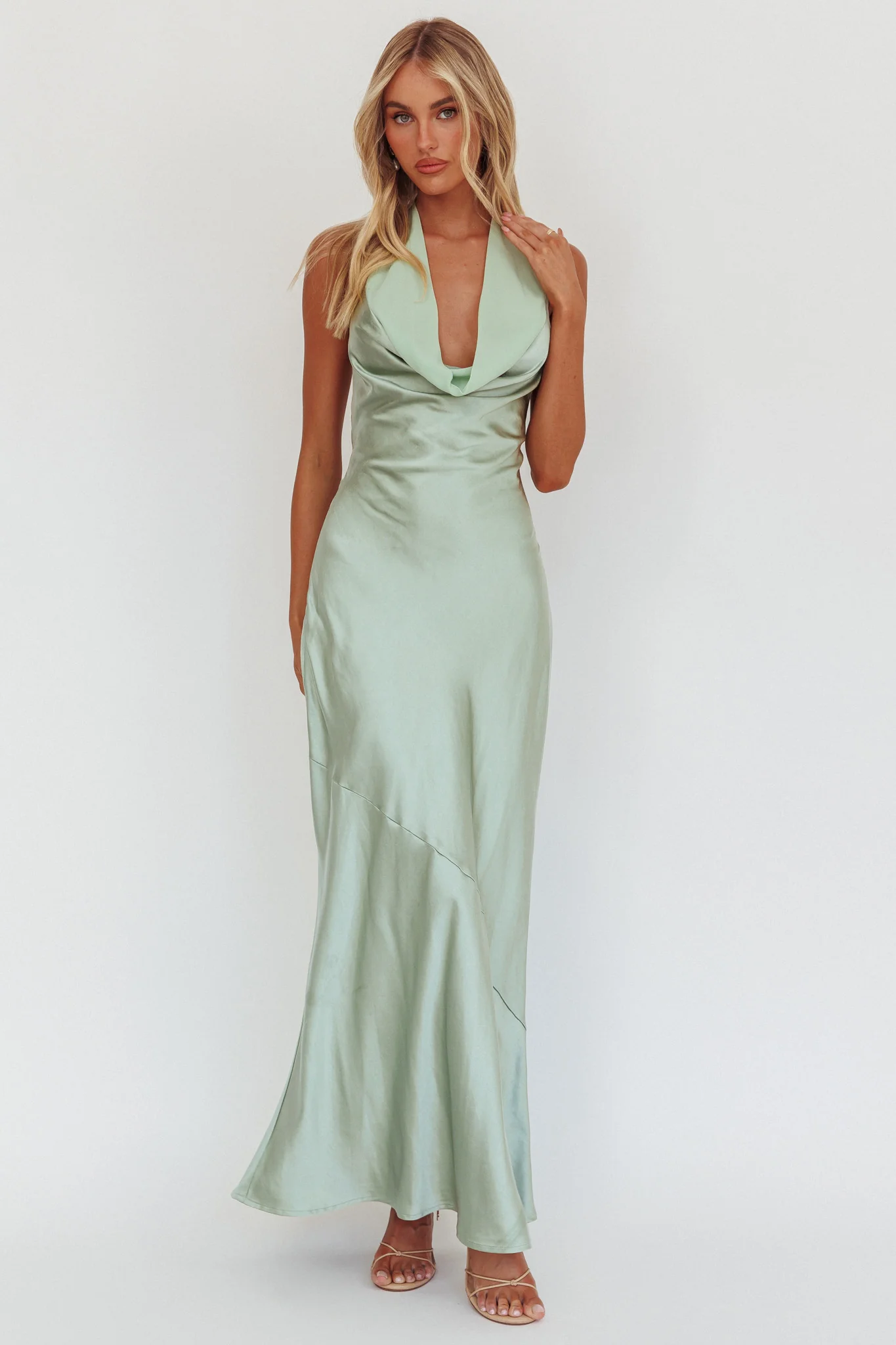 Leading Lady Open Back Cowl Maxi Dress Sage - Sonourner