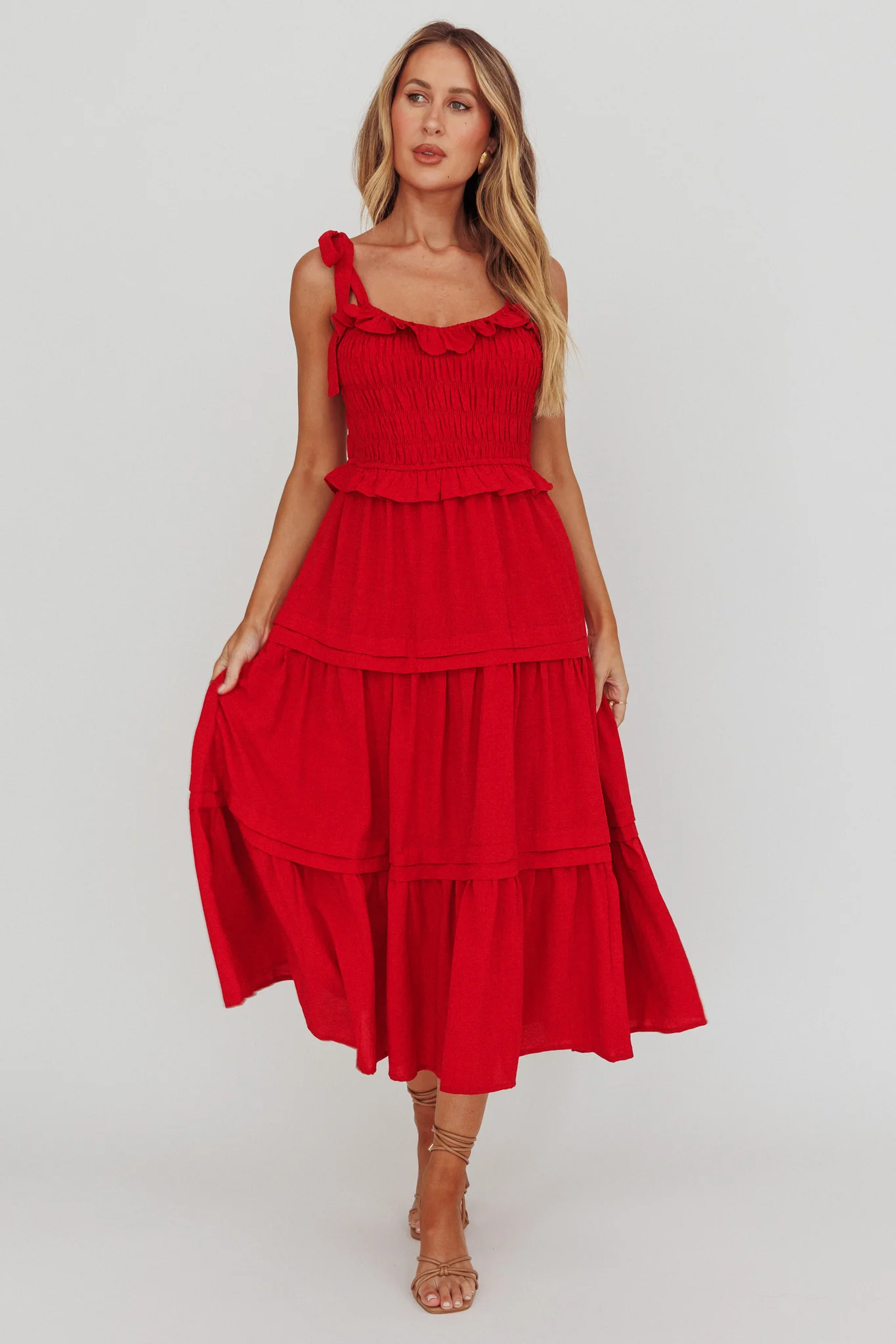 Paprika Tied Shoulder Shirred Midi Dress Red - Sonourner