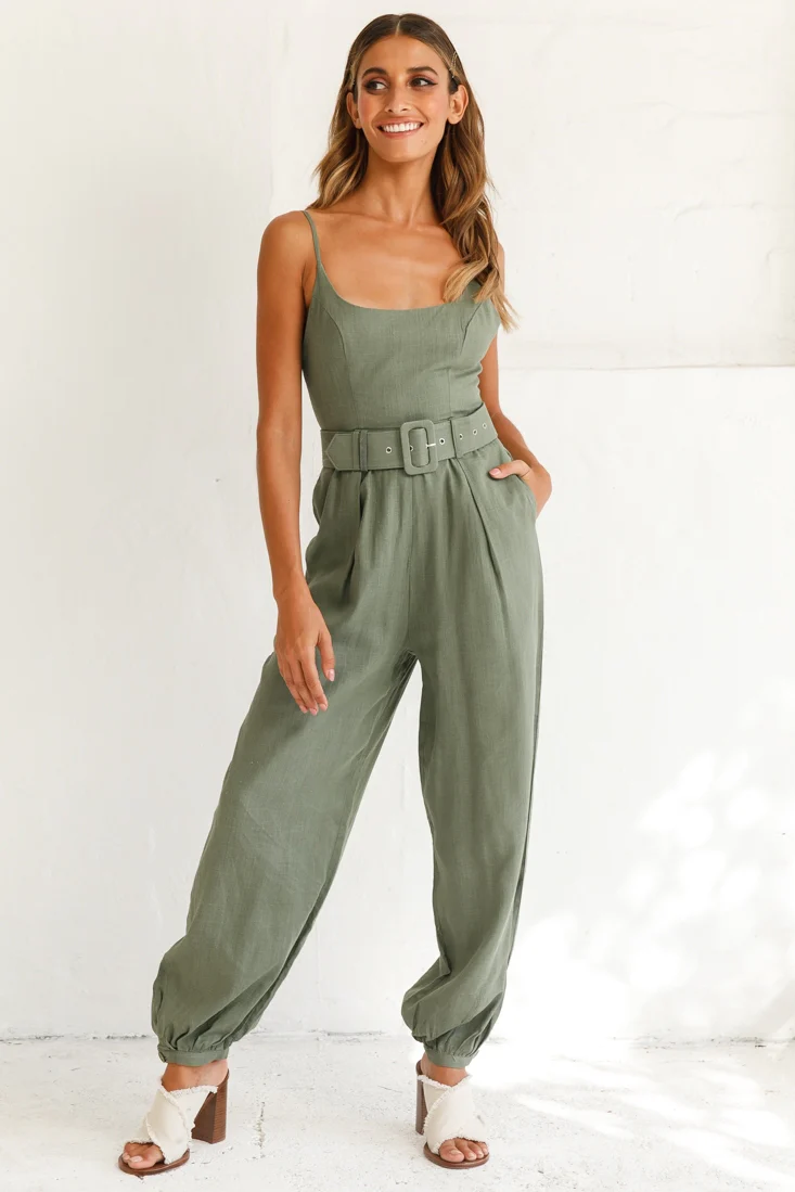 Santa Barbara Cuffed Hem Belted Jumpsuit Olive - Sonourner