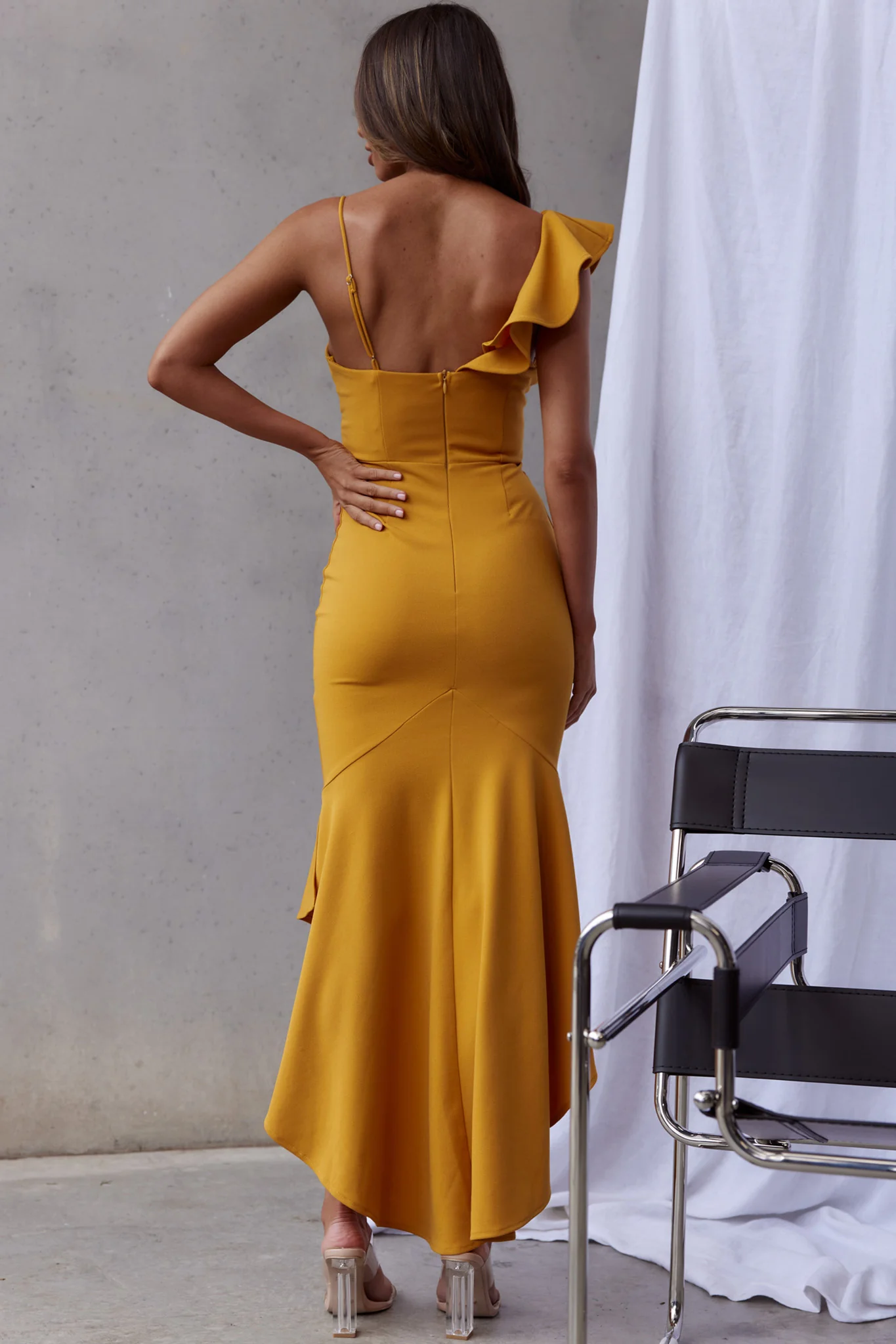 Pearl Ruffle Strap Twist Bust Dress Mustard - Sonourner