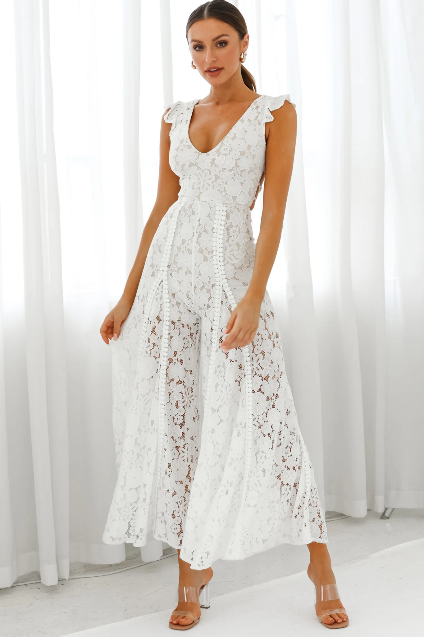 Take Note Laced-Back Frill Shoulder Lace Jumpsuit White - Sonourner
