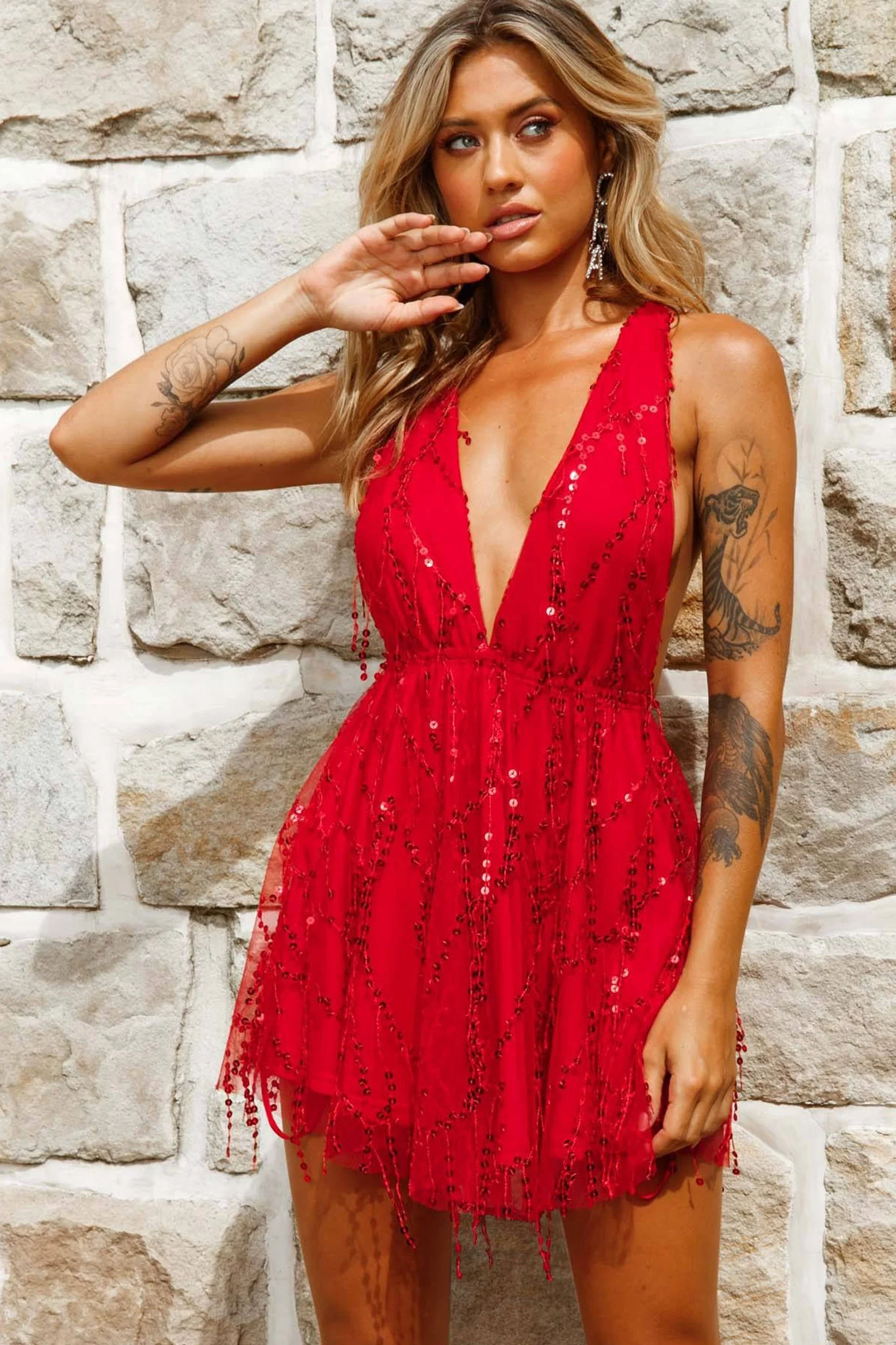 Ariana Sequin Mini Party Dress Red - Sonourner