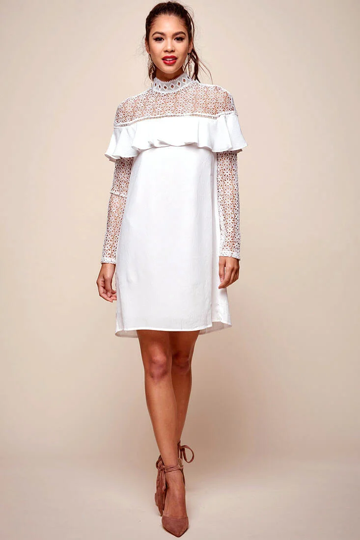 Mendes Lace Detailed High Neck Long Sleeved Dress White - Sonourner