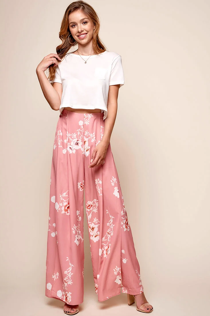 Kaya Wide Leg Floral Pants Blush - Sonourner