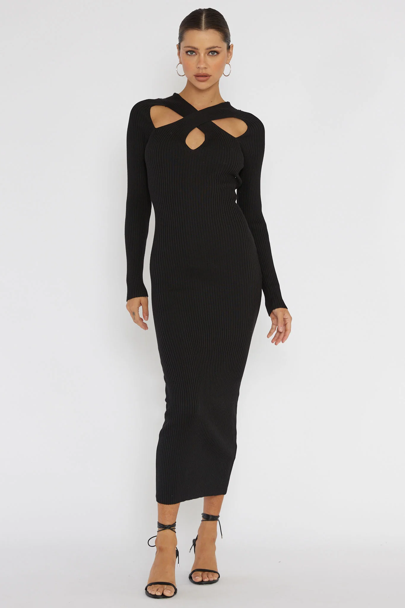 One Mind Cut-Out Neckline Knit Midi Dress Black - Sonourner