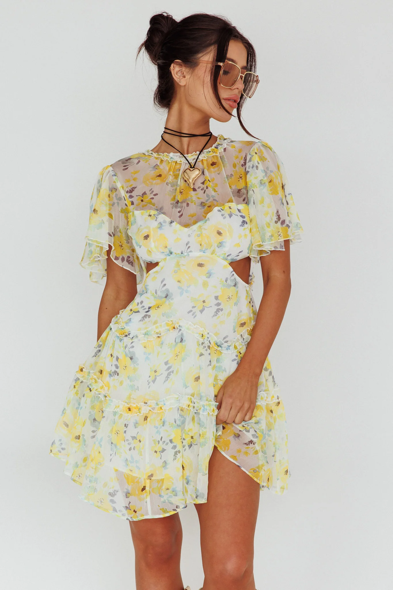 Tres Chic Flutter Sleeve Cut-Out Dress Floral Yellow - Sonourner