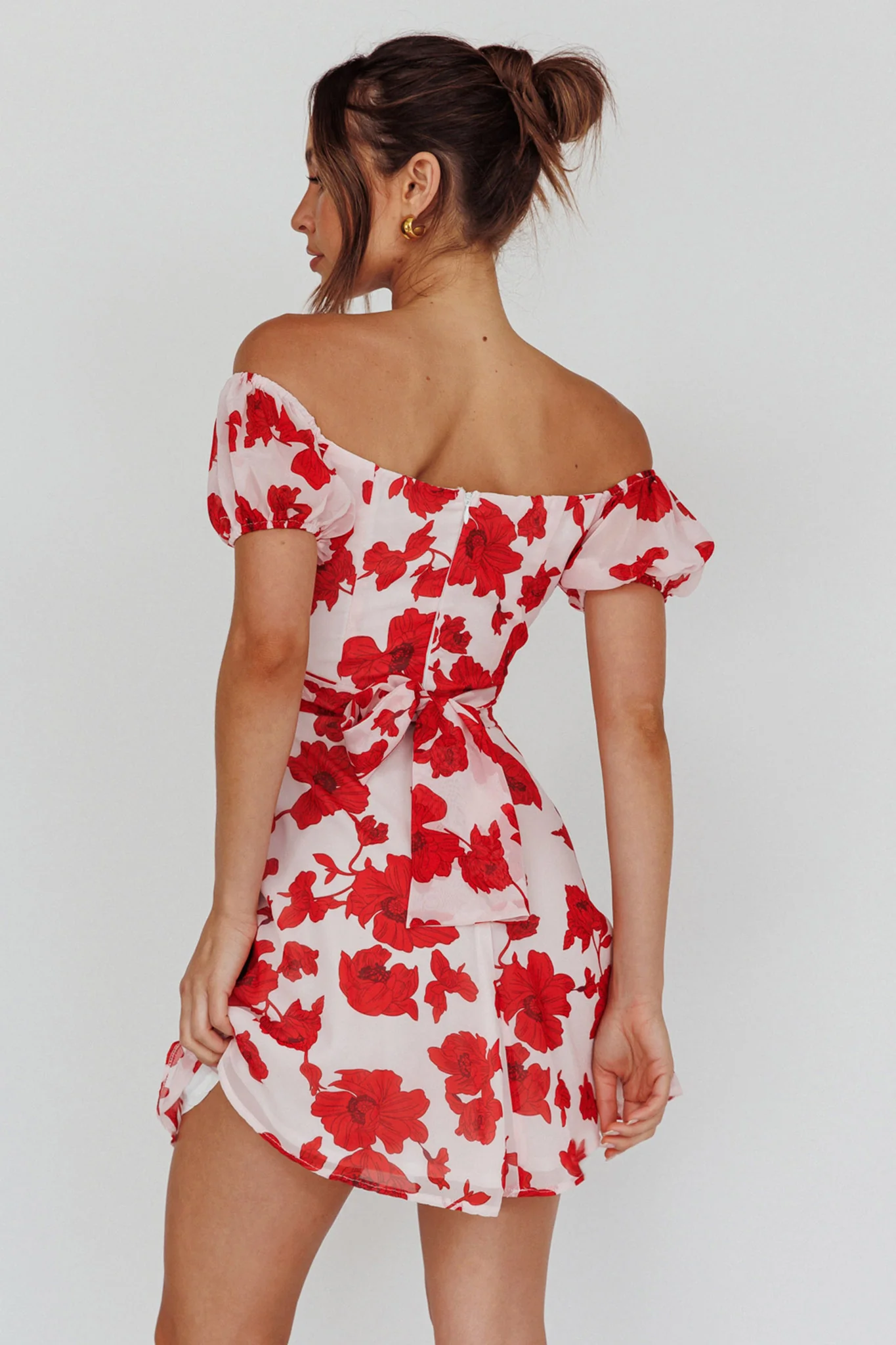Linka Puff Sleeve Waist Tie Dress Floral Red - Sonourner
