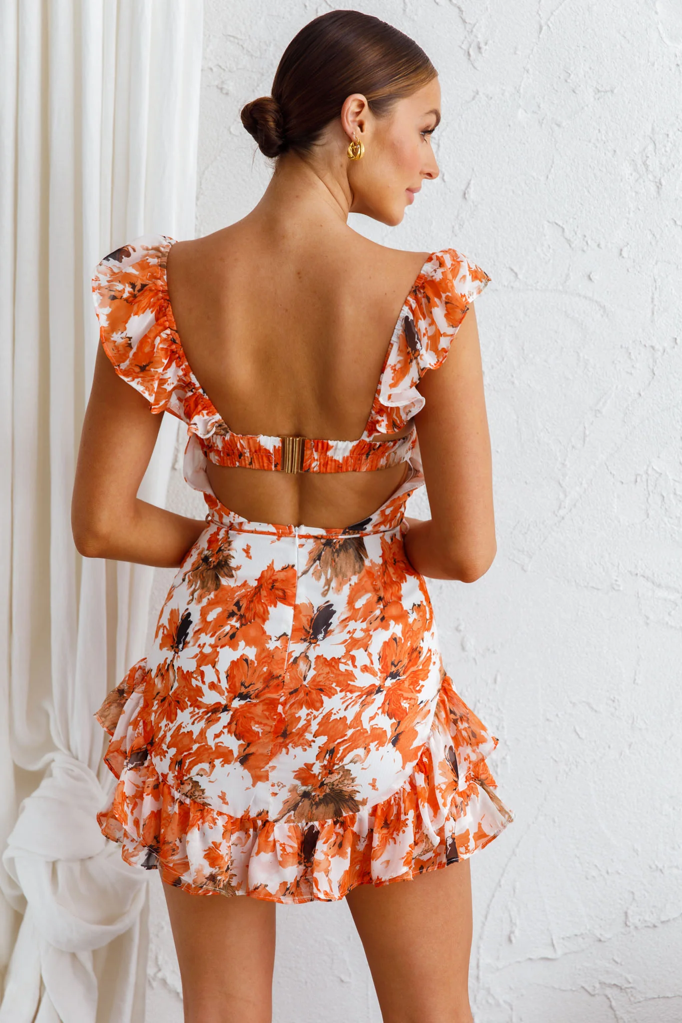 Liz Gathered Bust Frill Trim Dress Abstract Floral Orange - Sonourner