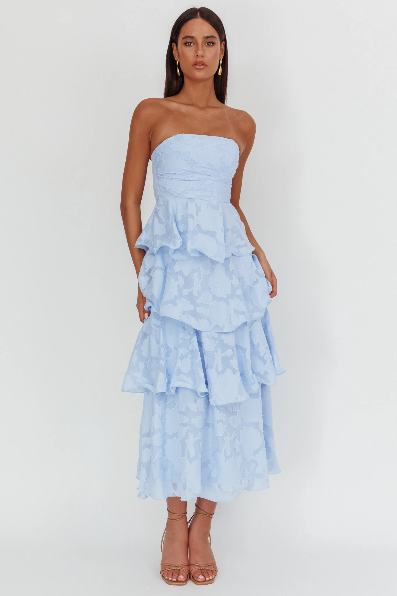 Giavana Strapless Layered Midi Dress Floral Embossed Blue - Sonourner