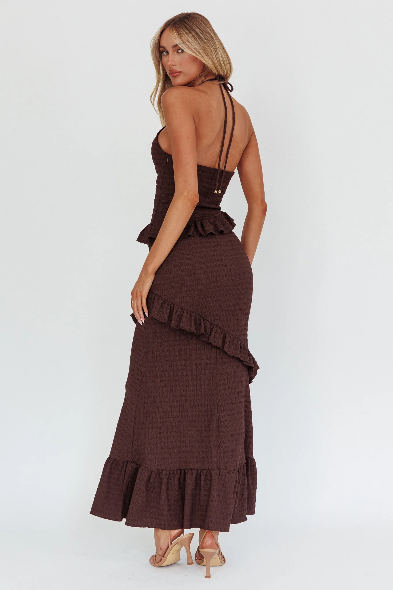 Clemence Smocked Frill Trim Maxi Dress Chocolate - Sonourner