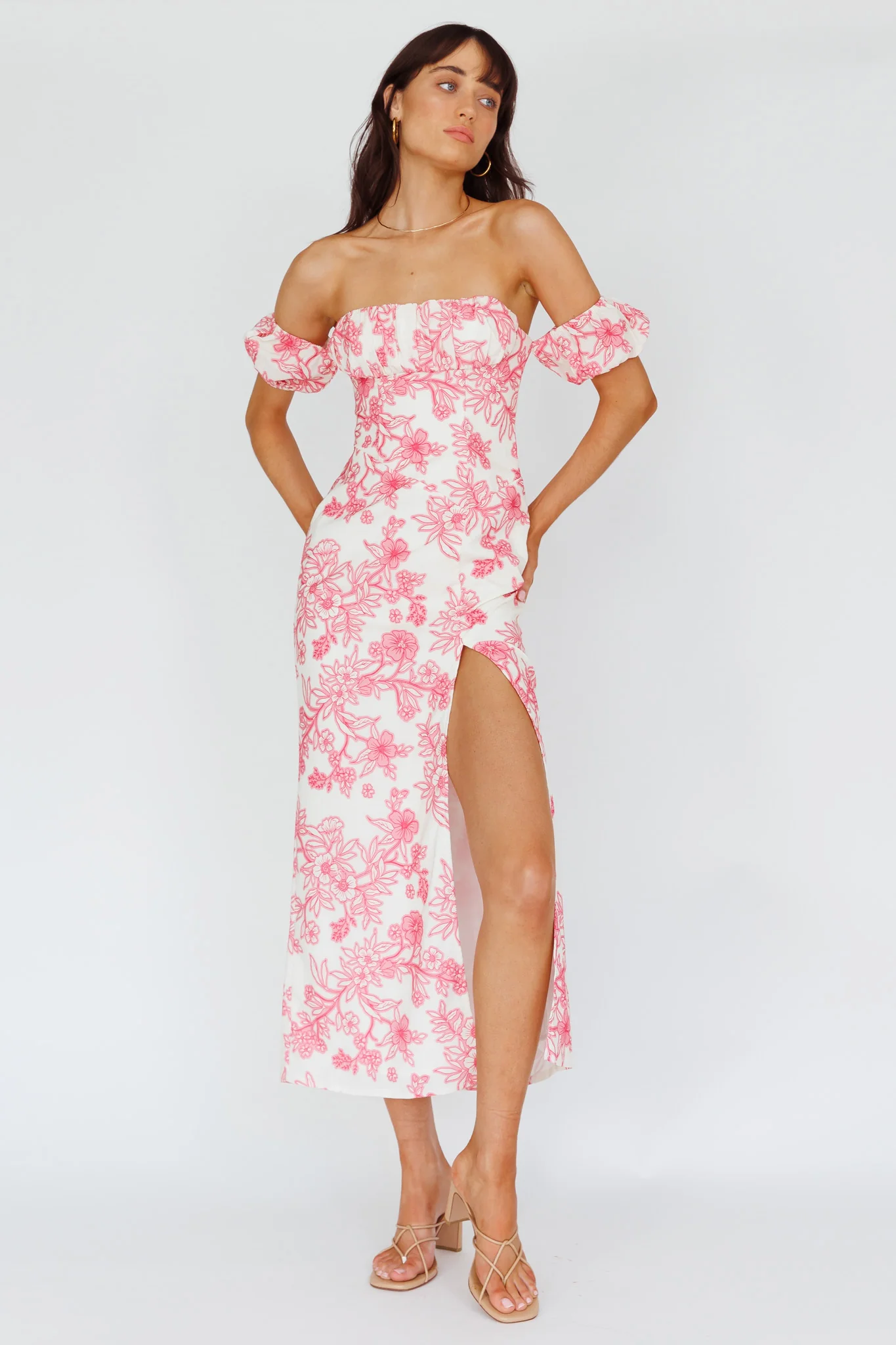 Olivier Off-Shoulder Midi Dress Floral Pink - Sonourner