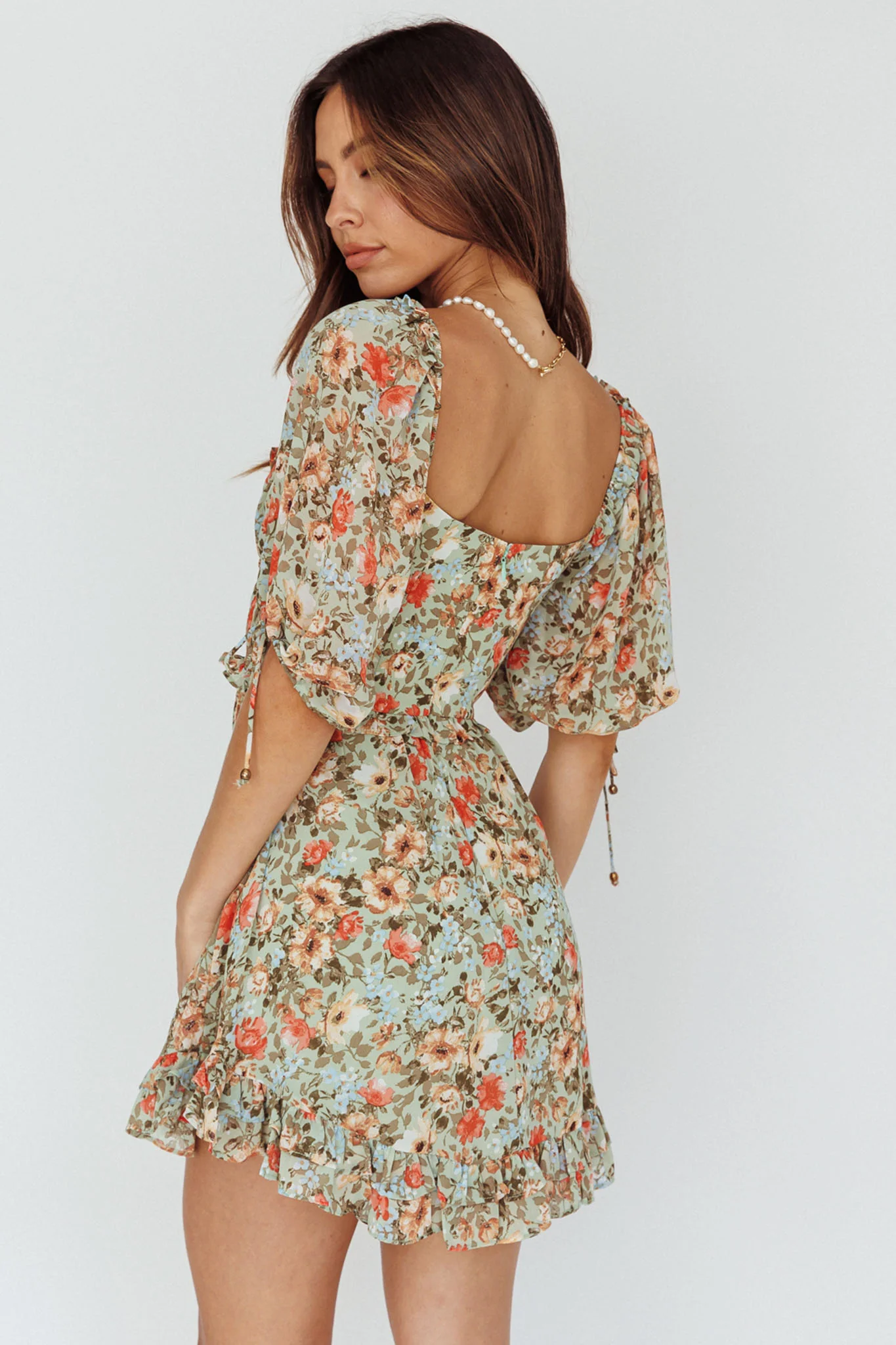 Kirra Puff Sleeve Ruched Bodice Dress Floral Green - Sonourner