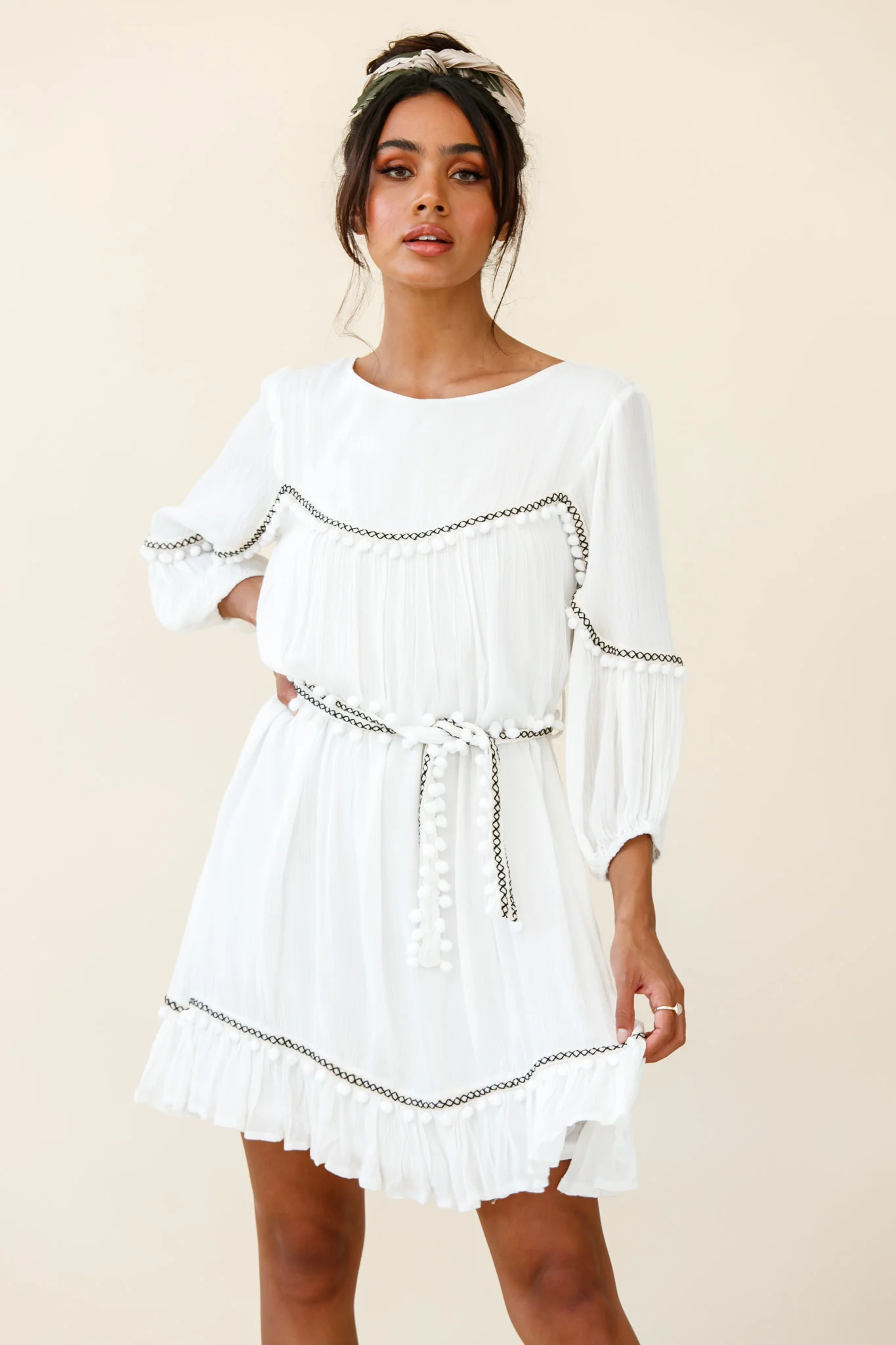 Marionette Three-Quarter Sleeve Pom-Pom Dress White - Sonourner