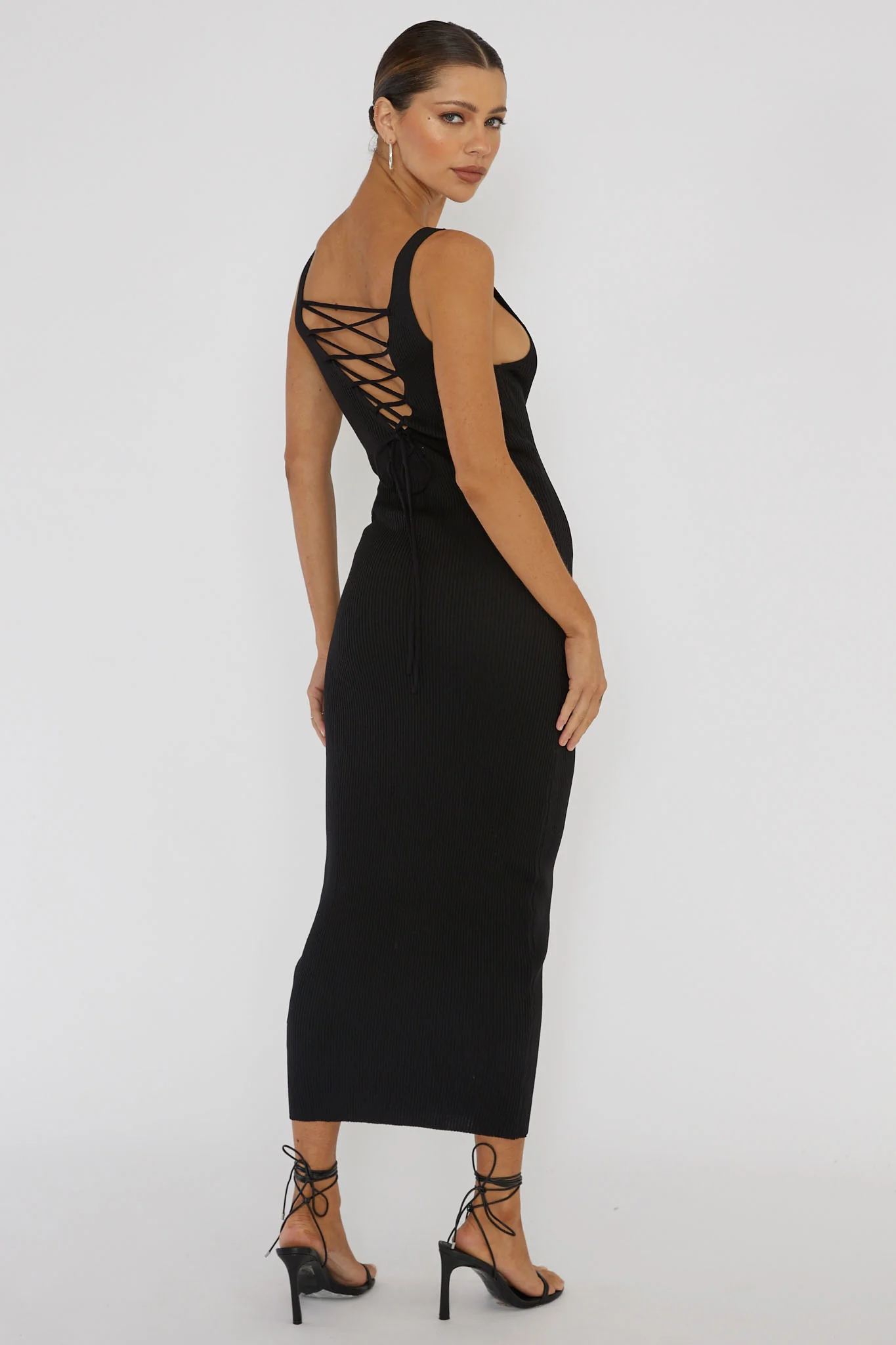 Linzi Lace-Up Back Knit Midi Dress Black - Sonourner