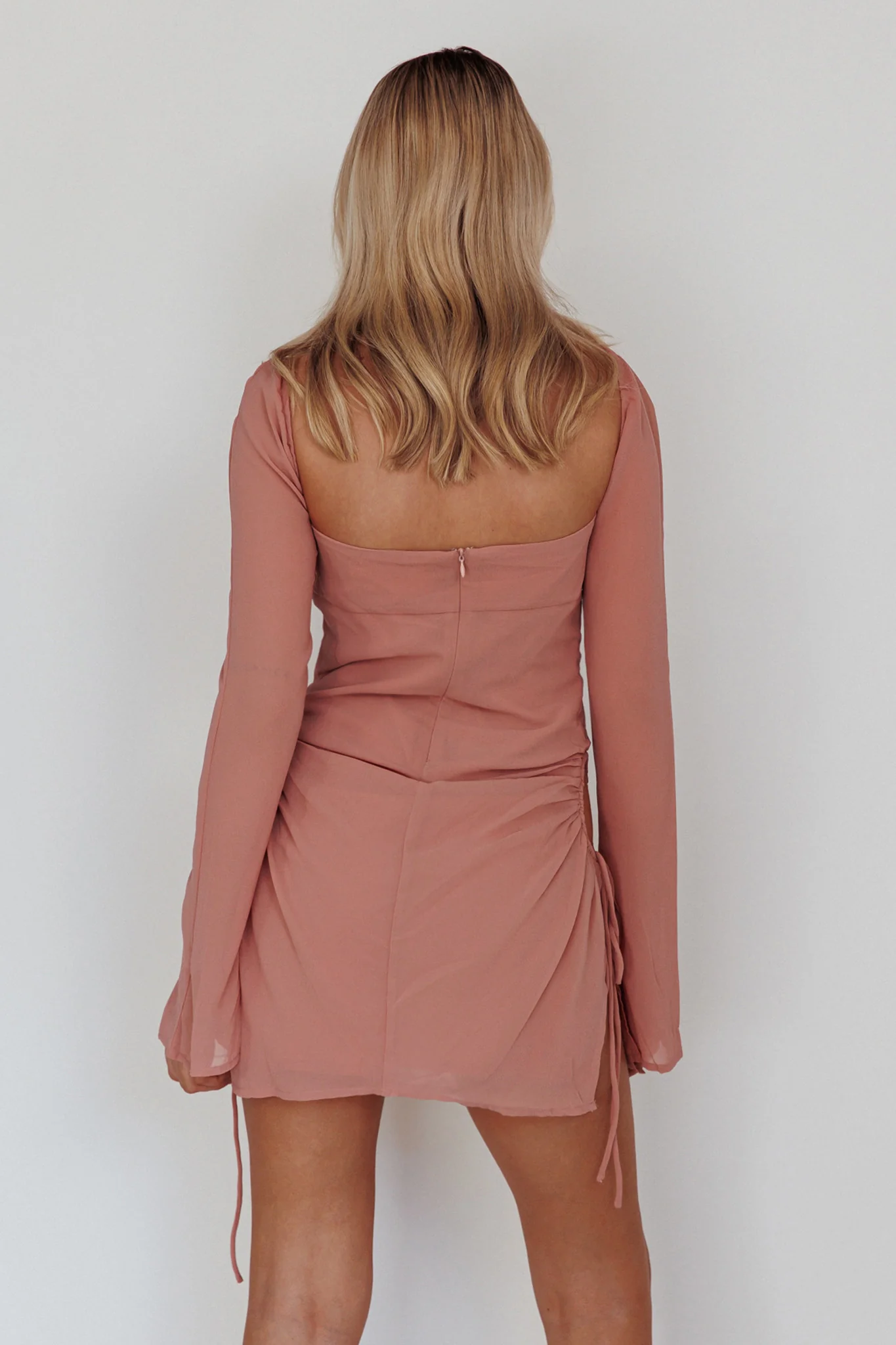 Etta Drawstring Long Sleeve Mini Dress Blush - Sonourner
