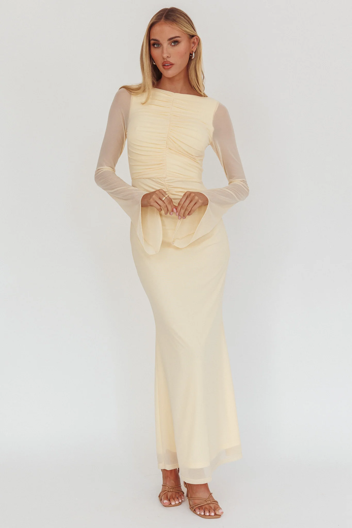 Luna Love Long Sleeve Mesh Maxi Dress Cream - Sonourner