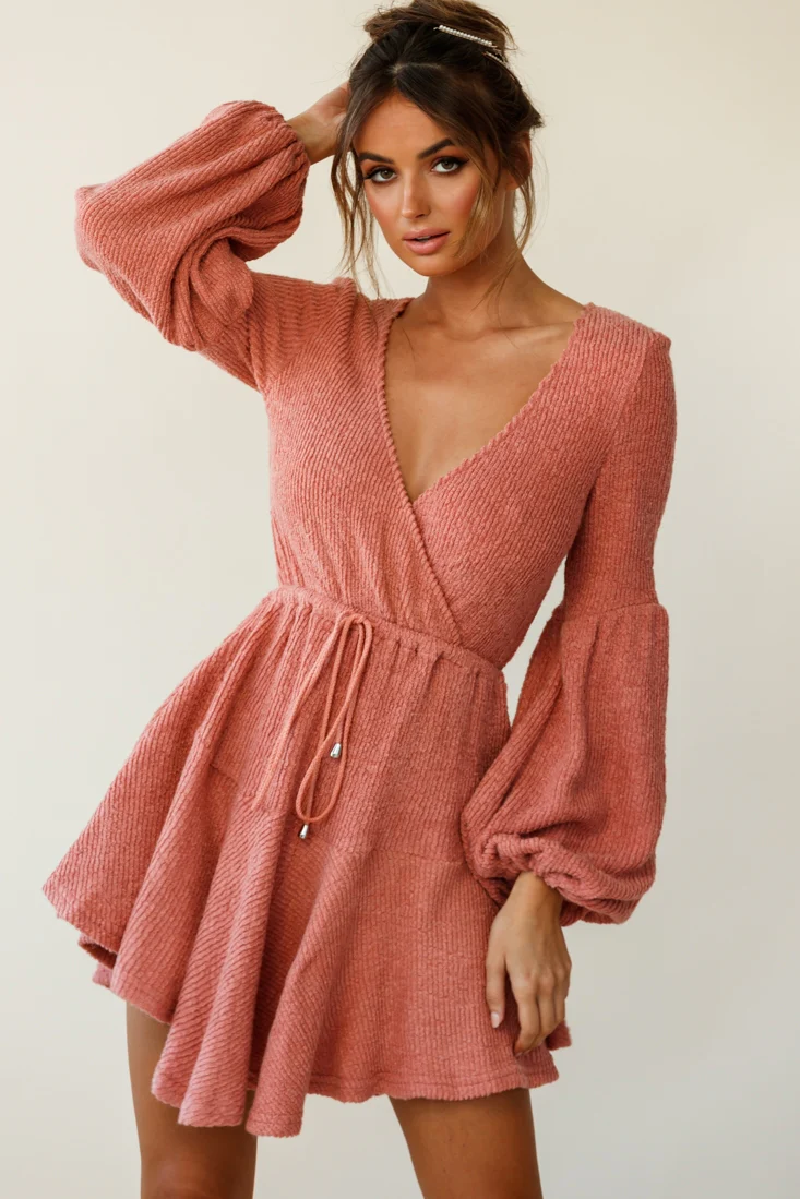 Annalise Long Sleeve Drawstring Knit Dress Rose - Sonourner