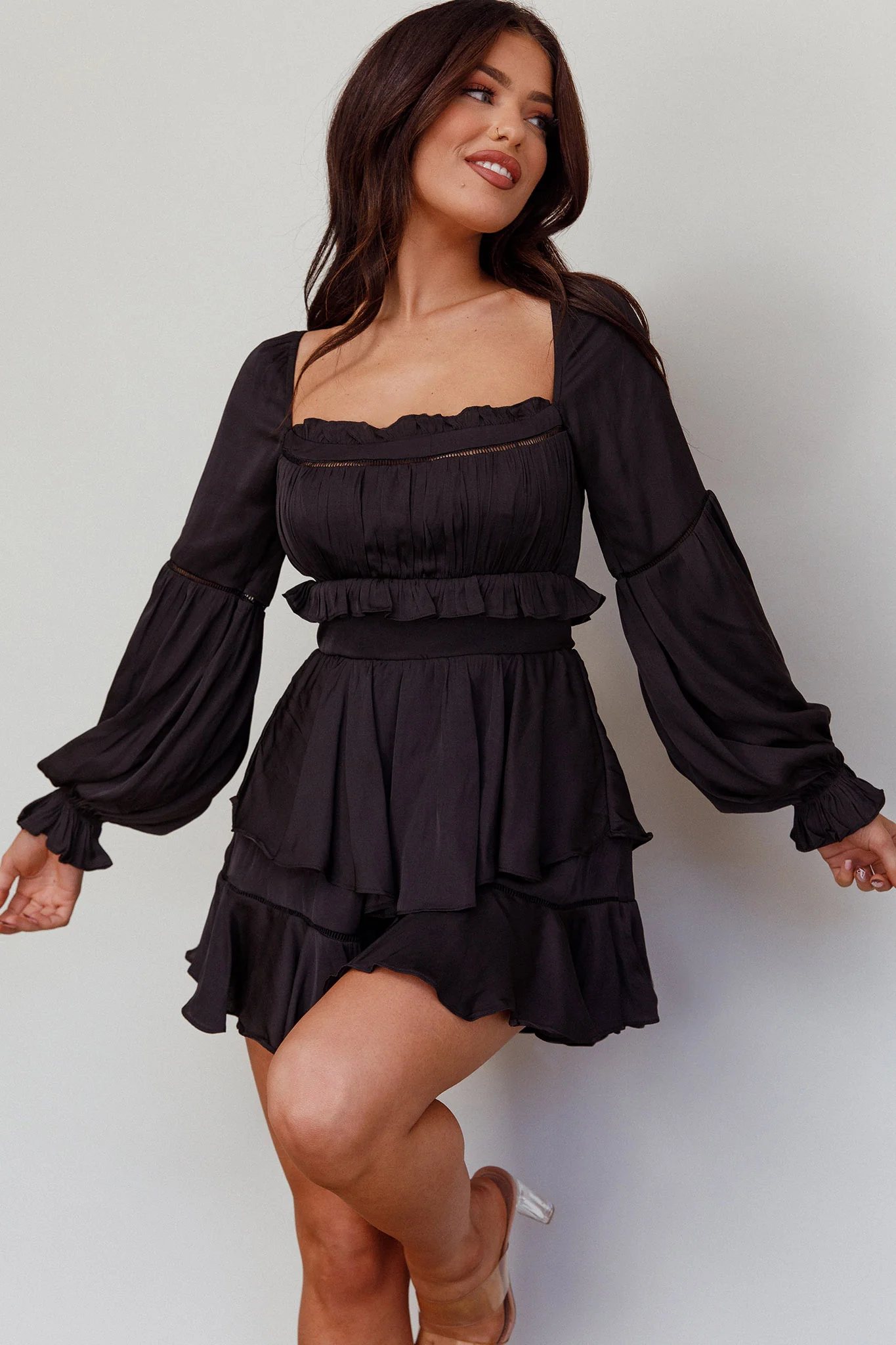 Alabama Long Sleeve Satin Romper Black - Sonourner