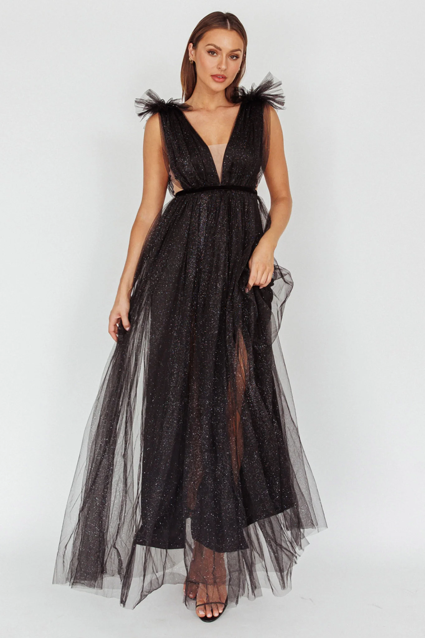 Ludivine Shoulder Accent Mesh Midi Dress Glitter Black - Sonourner