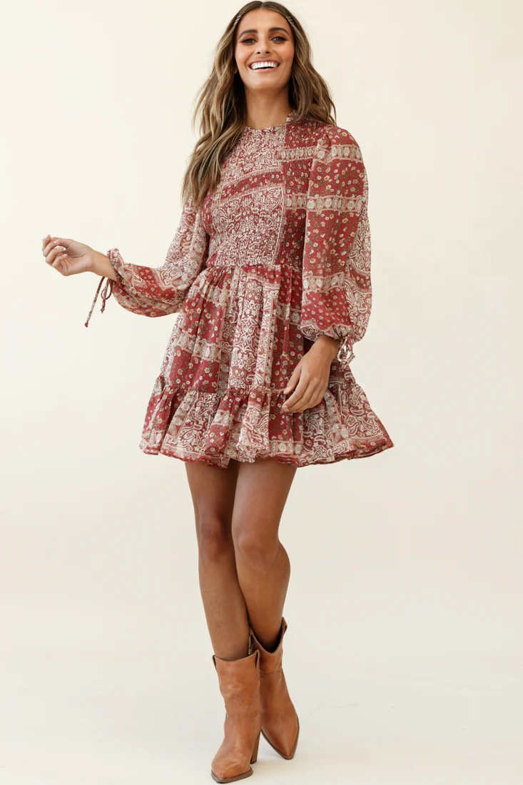 Marja Long Balloon Sleeve Shirred Dress Paisley Print Burgundy - Sonourner