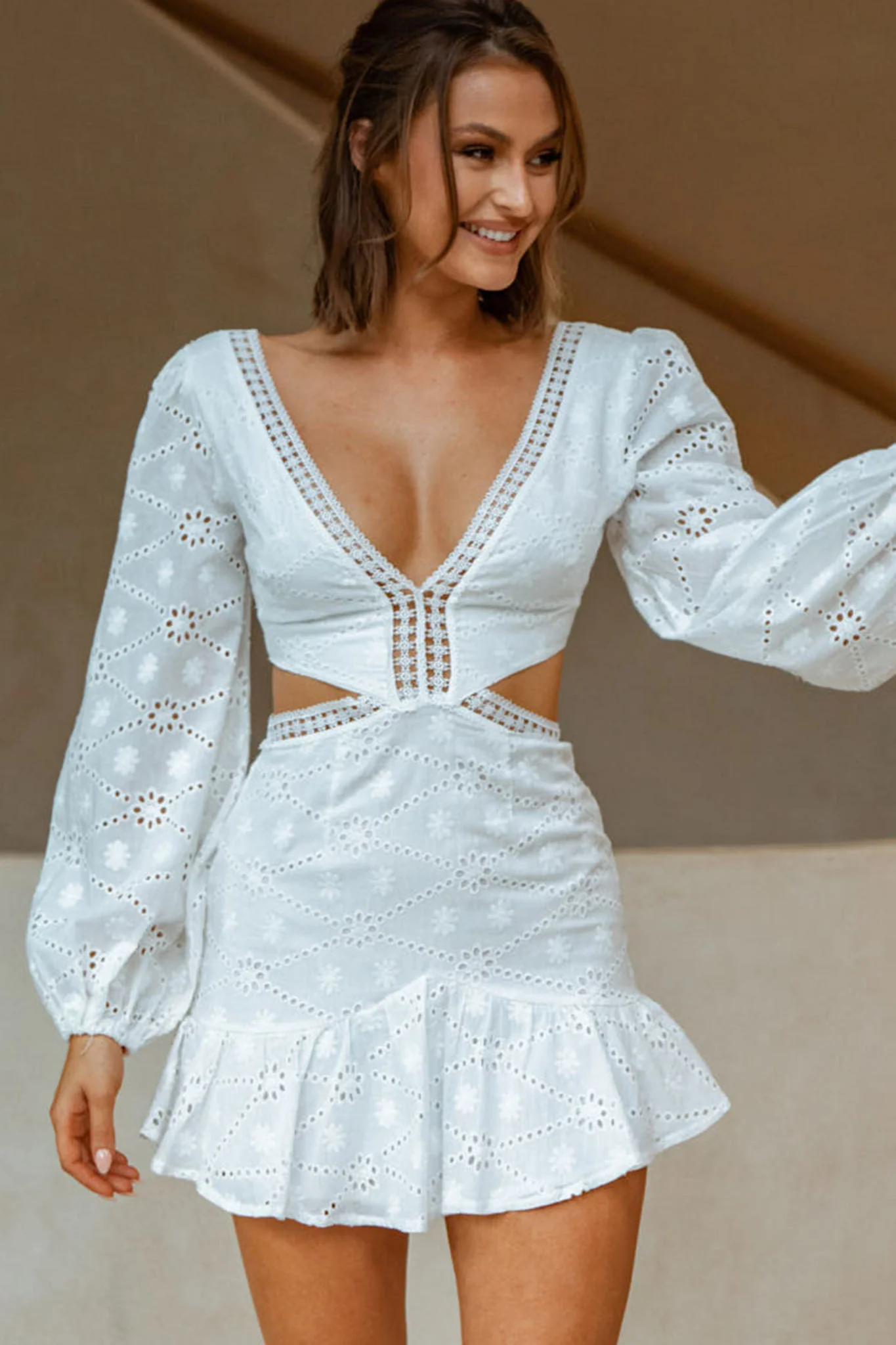 Santorini Sunset Balloon Sleeve Cut-Out Eyelet Dress White - Sonourner