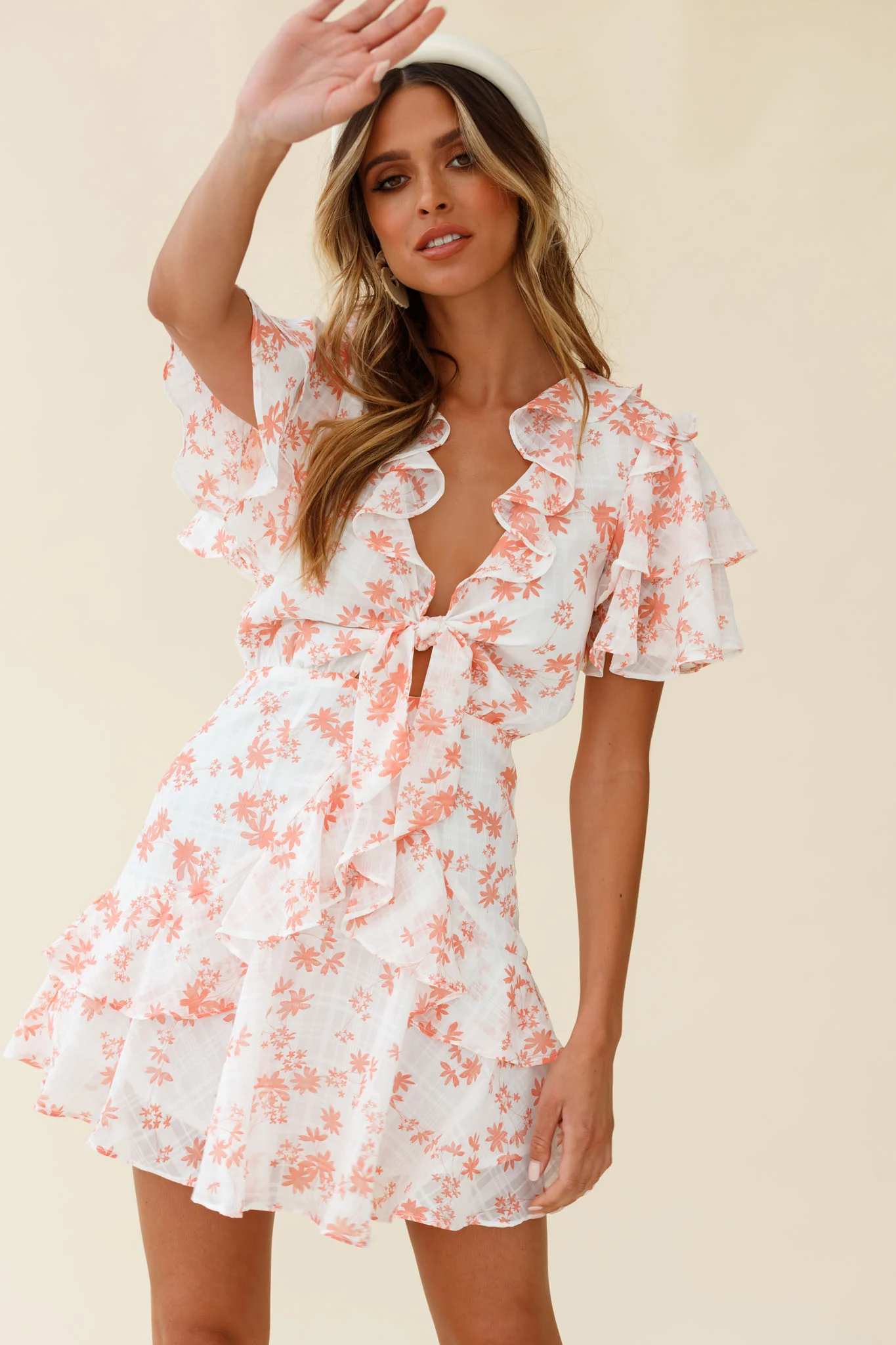 Aubrey Tied Bust Ruffle Trim Dress Floral Print Pink - Sonourner