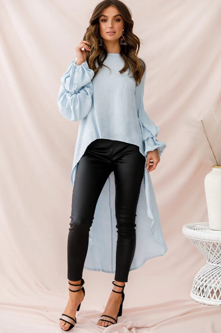 Elaine High Low Balloon Sleeve Top Blue - Sonourner