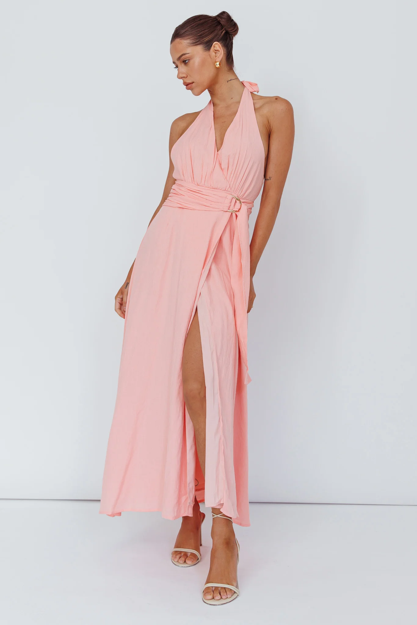 Spring Feels Halterneck Belt Maxi Dress Peach - Sonourner