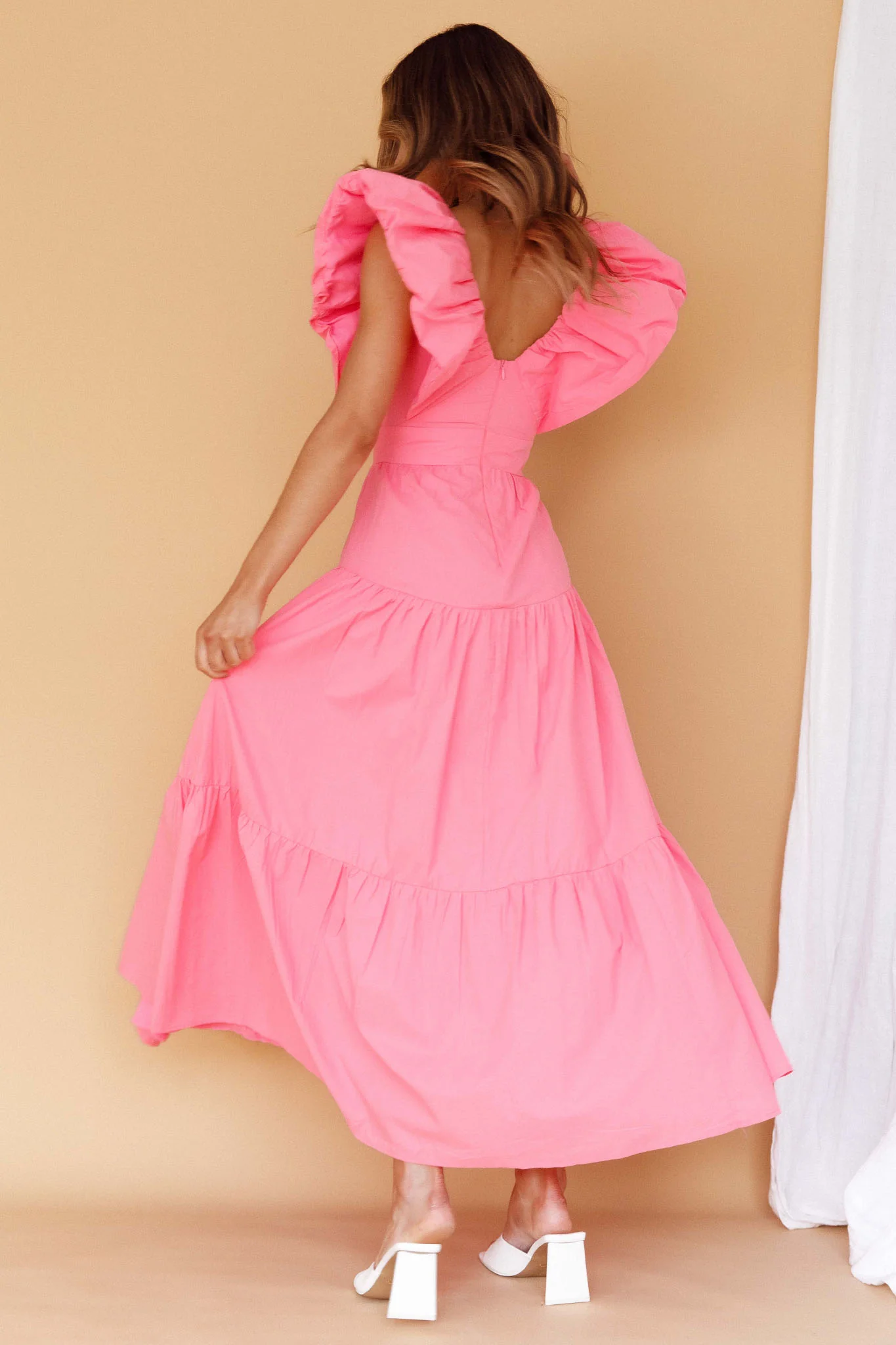 Kahlo Puffed Ruffle Neckline Maxi Dress Soft Pink - Sonourner