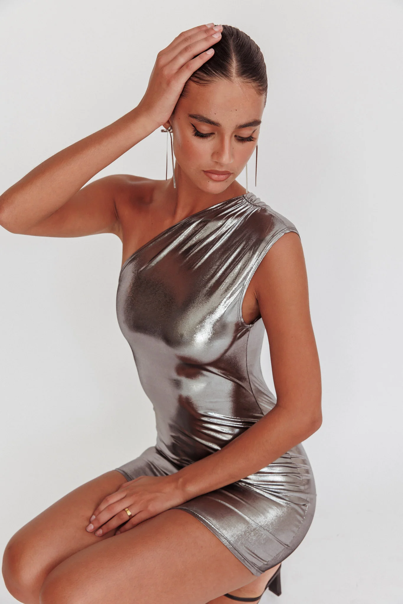 Glitter One-Shoulder Mini Dress Silver - Sonourner