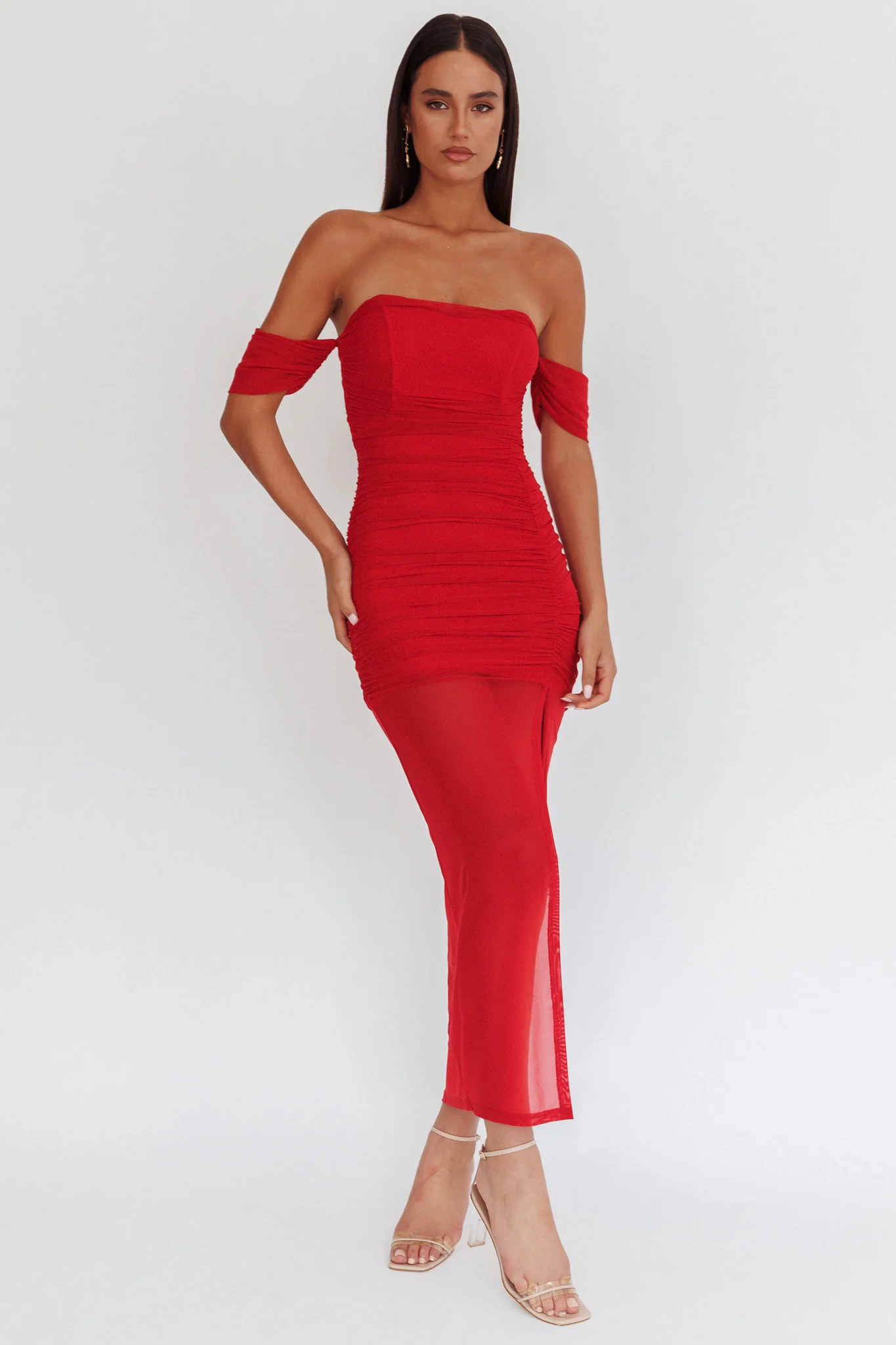 Melonie Off-Shoulder Mesh Maxi Dress Red - Sonourner