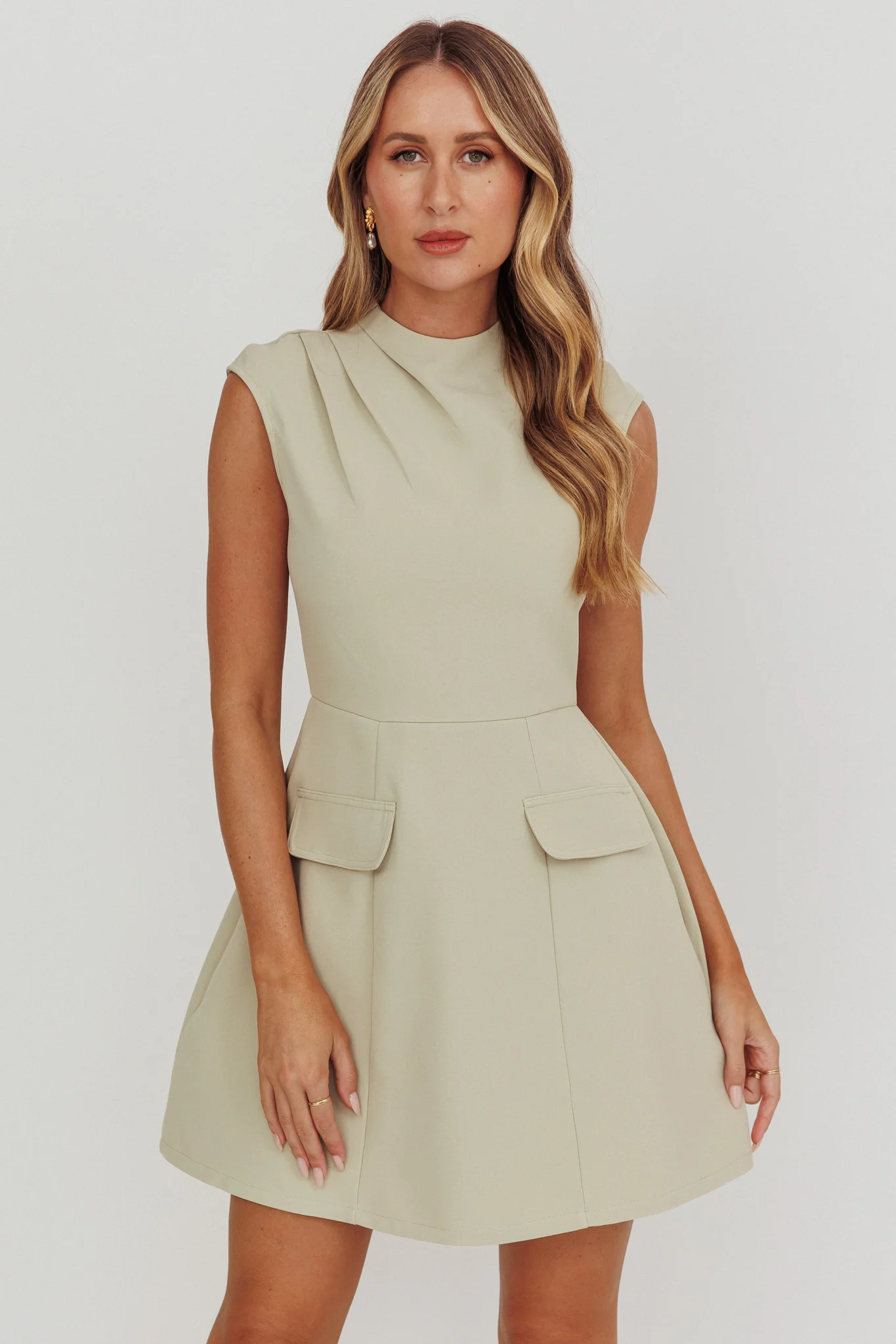Thandi Pleat Shoulder Faux Pocket Mini Dress Sage - Sonourner