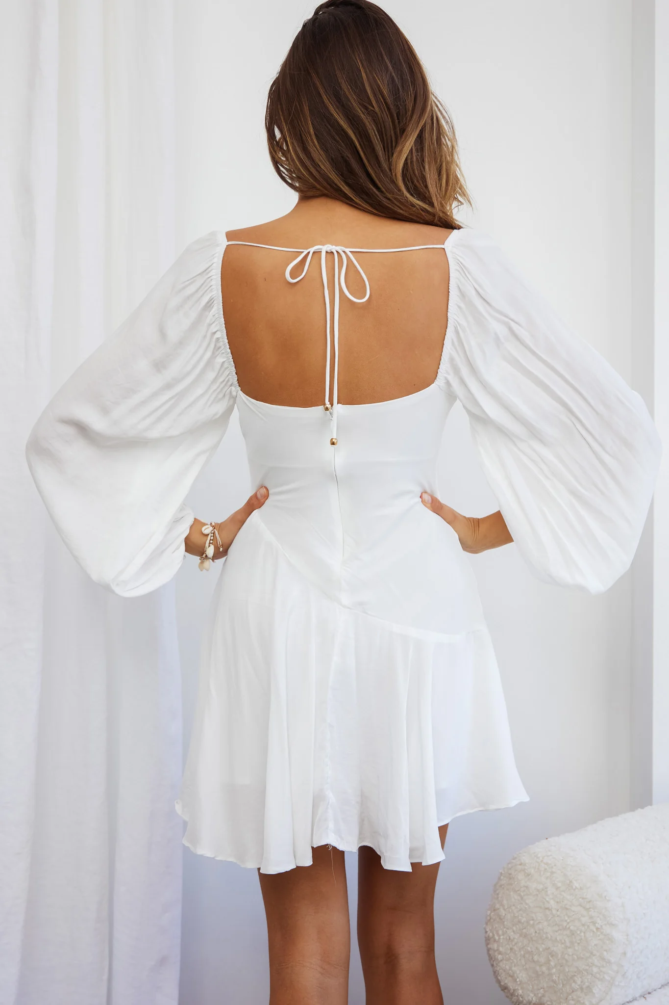 Beaujolais Long Sleeve Cowl Neckline Ruffle Satin Mini Dress White - Sonourner