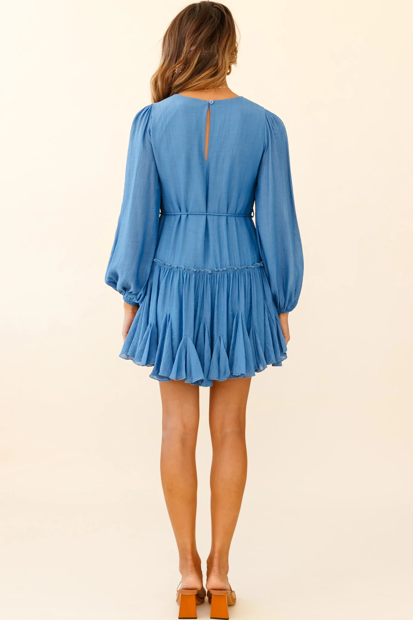 Rosabel Balloon Sleeve Fluted Hem Dress Denim Blue - Sonourner