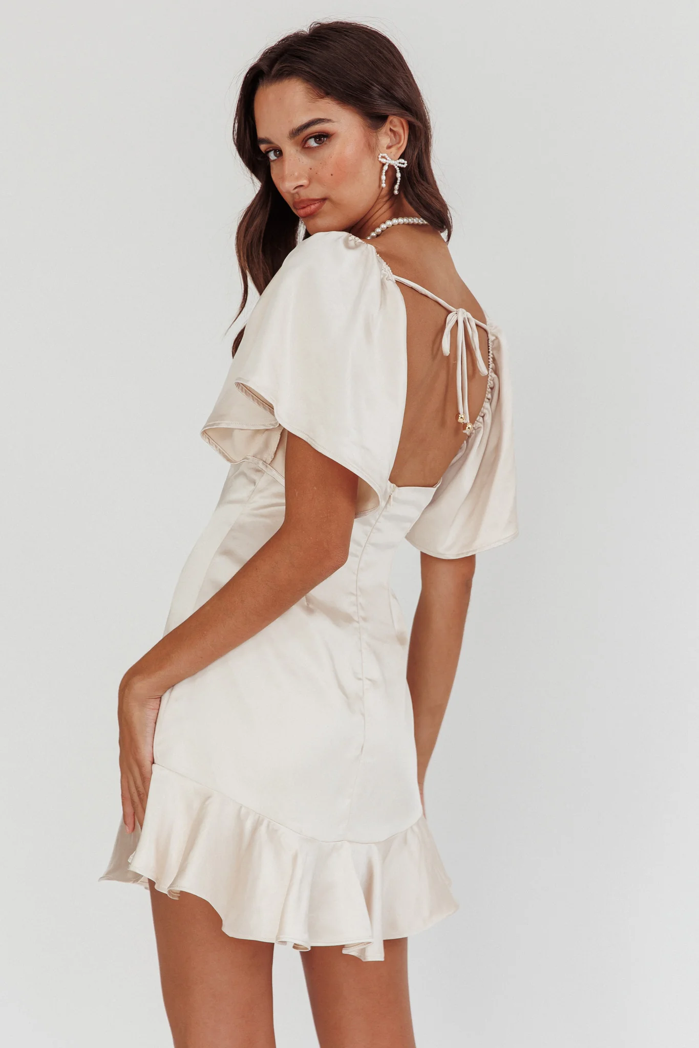 Eyes On You Pleated Bust Angel Sleeve Ruffle Hem Dress Champagne - Sonourner