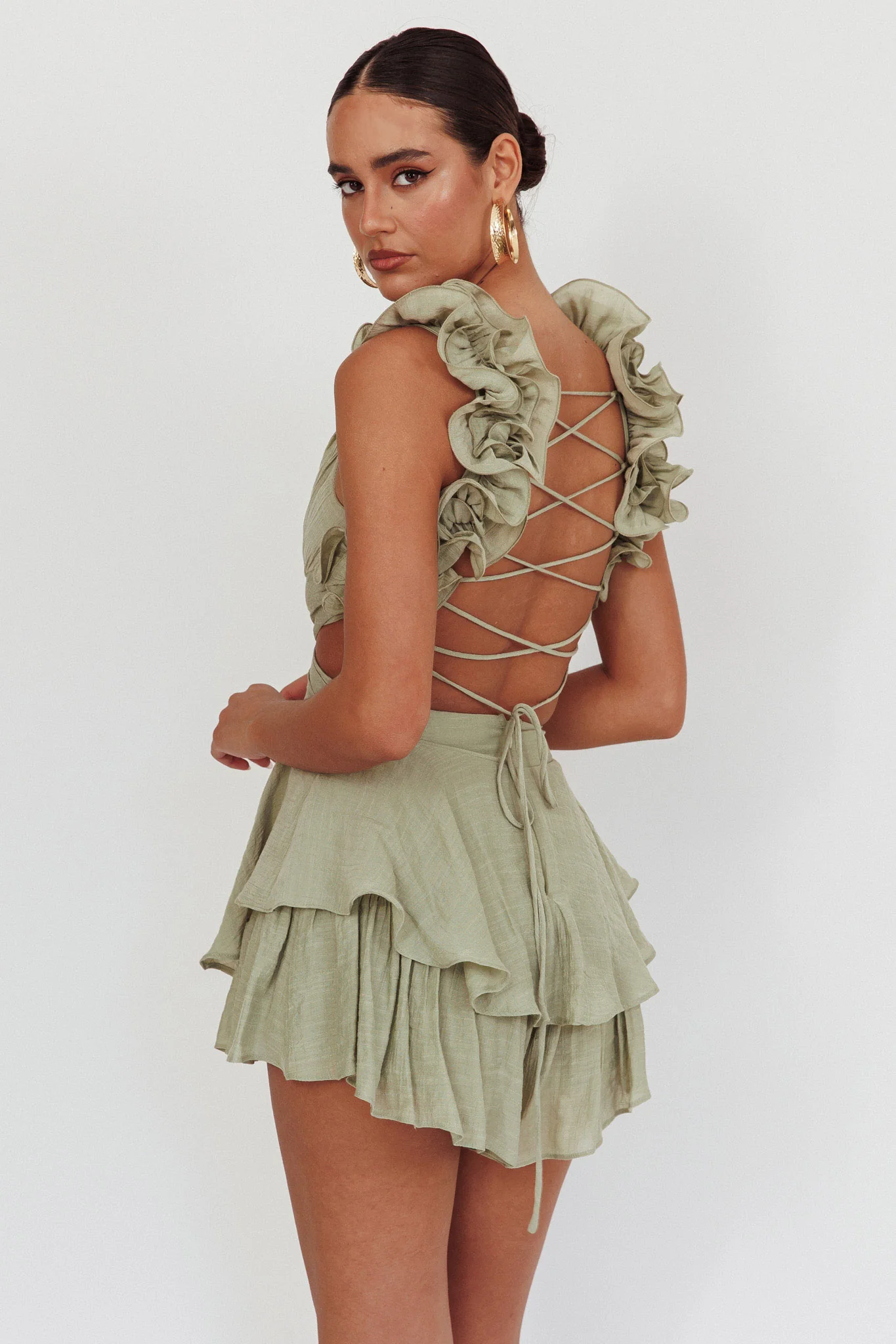 Madara Lace-Up Back Romper Sage - Sonourner