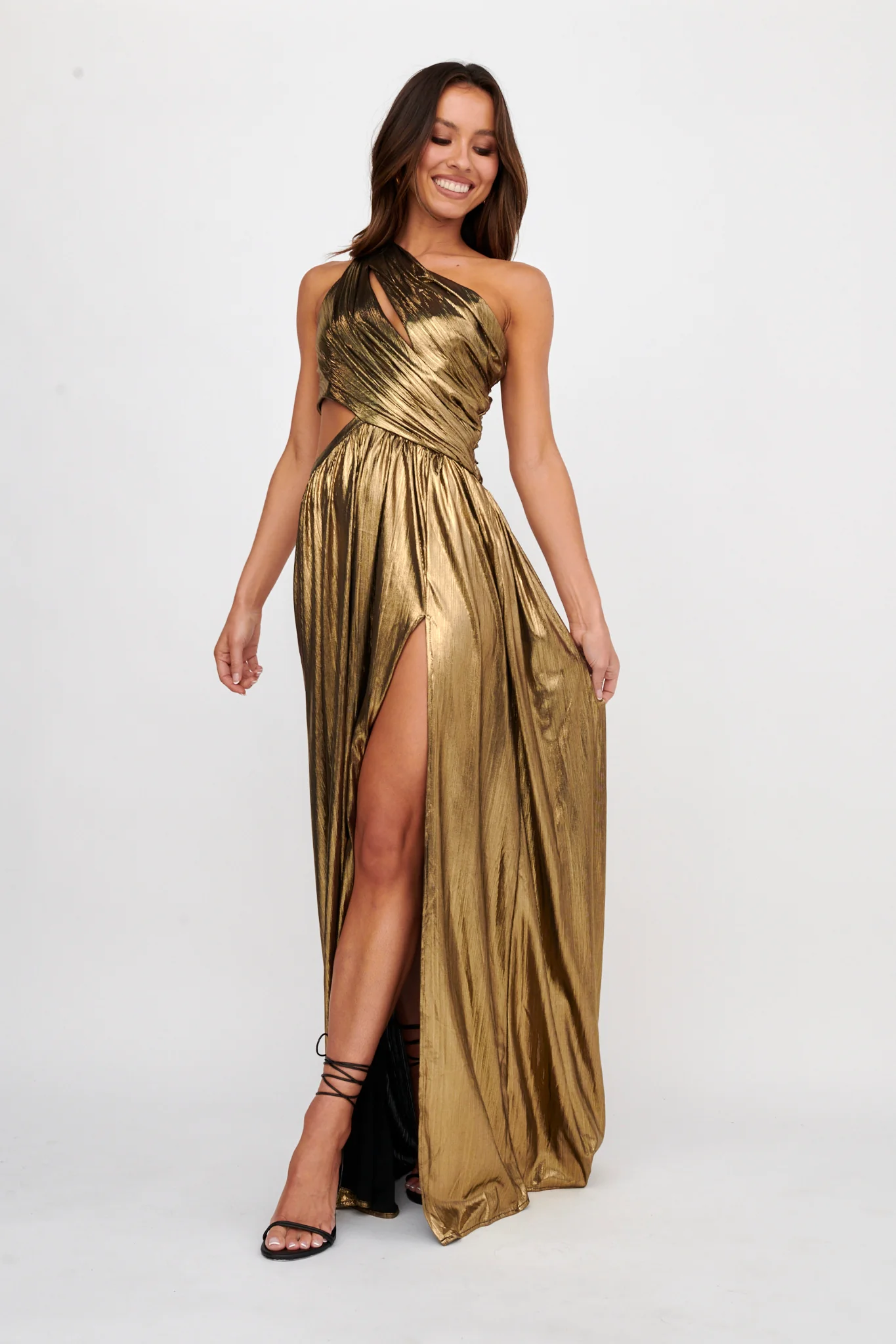 Fortuna One Shoulder Split Maxi Dress Black/Gold - Sonourner