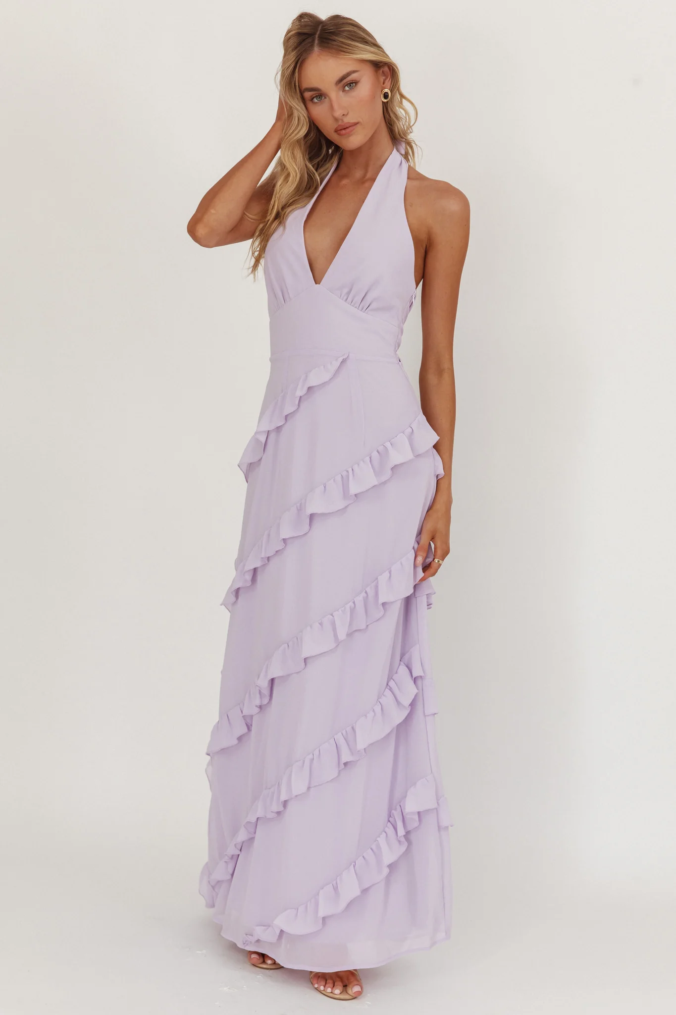 Flirt Frill Trim Halter Maxi Dress Lilac - Sonourner