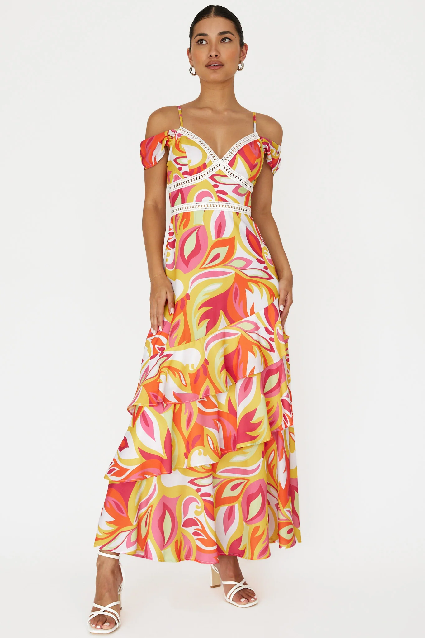 Seina Off-Shoulder Crochet Trim Dress Print Orange - Sonourner