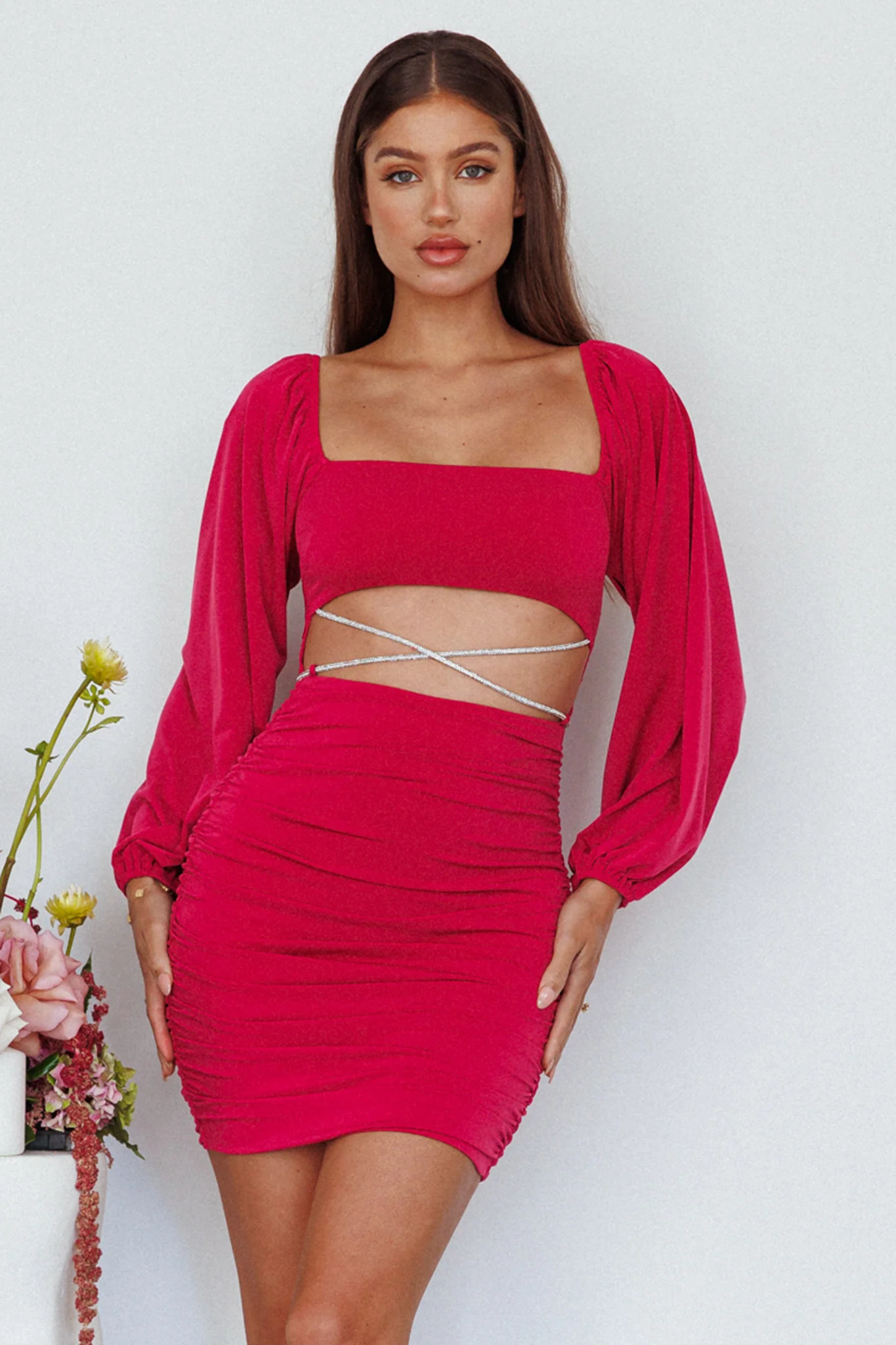 Nohemi Long Sleeve Diamante Mini Dress Plum - Sonourner