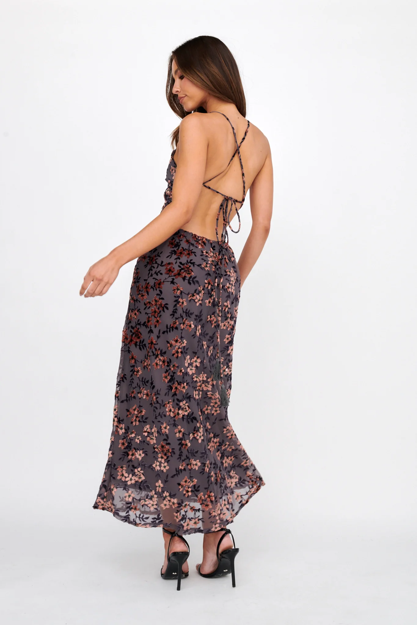 Alexandria Open Back Velour Floral Midi Dress Black/Orange - Sonourner