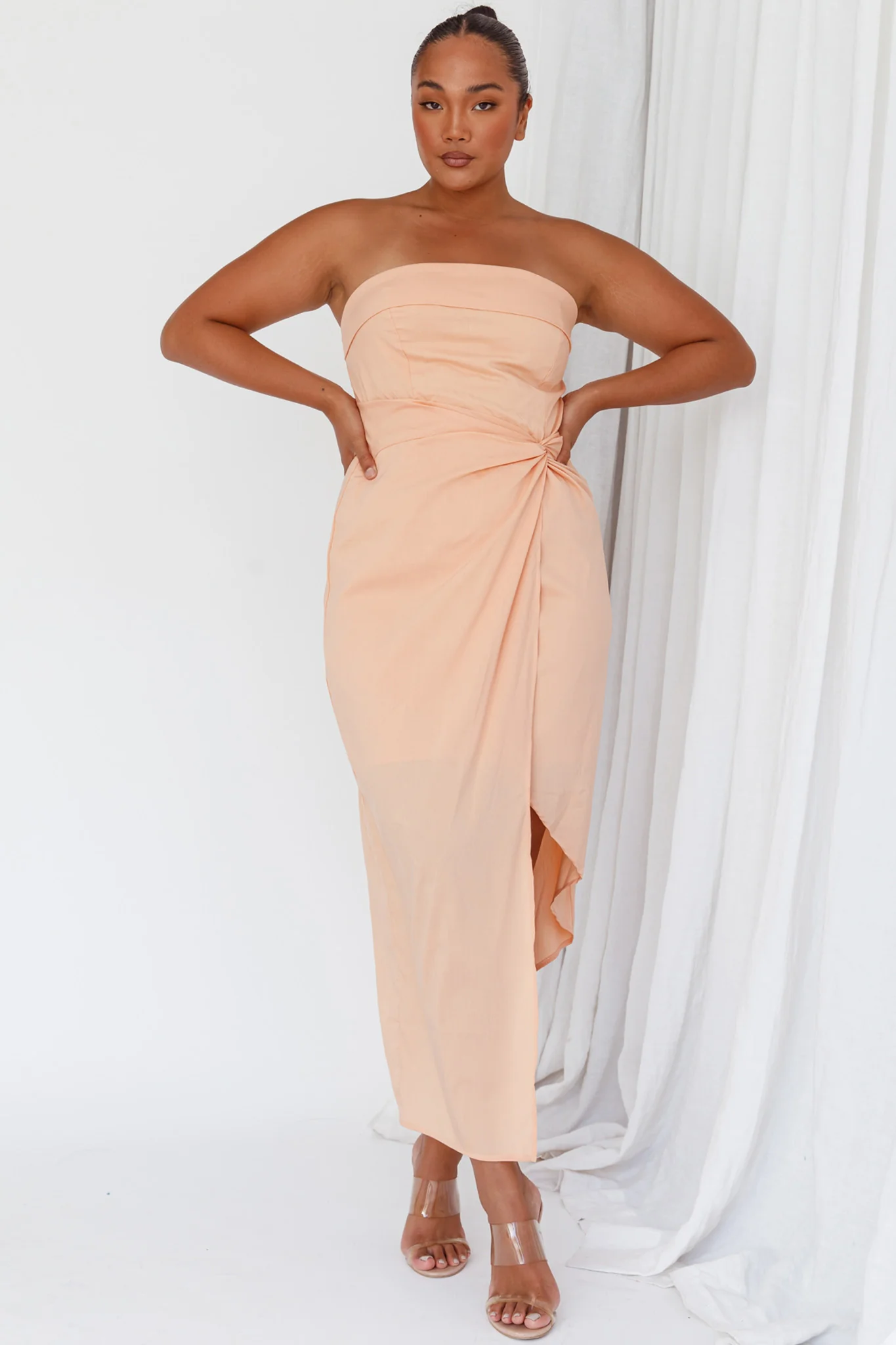 Last Looks Strapless Wrap Midi Dress Peach - Sonourner