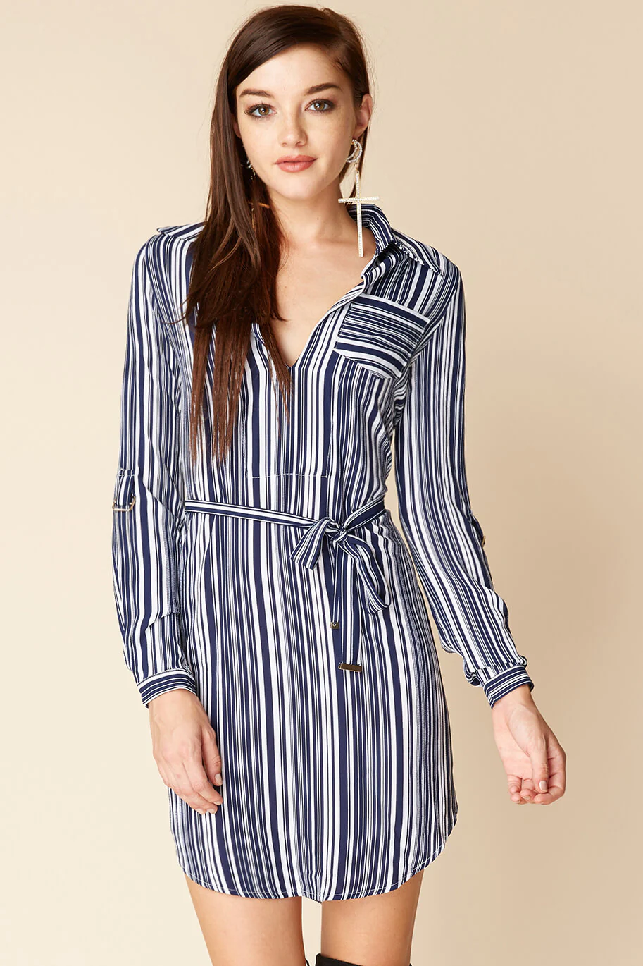 Mia Belted Shirt Dress Navy / White - Sonourner