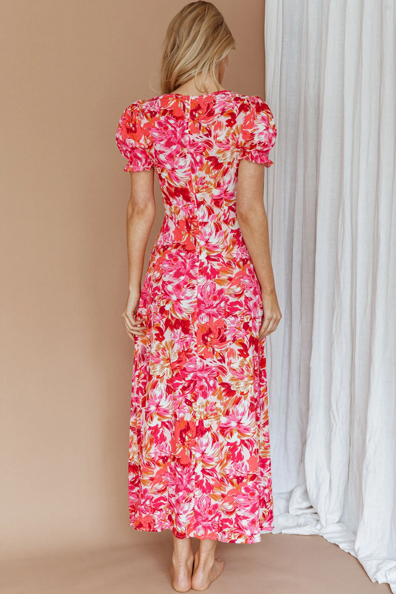 Montebello Puff Sleeve Maxi Dress Floral Pink/Orange - Sonourner