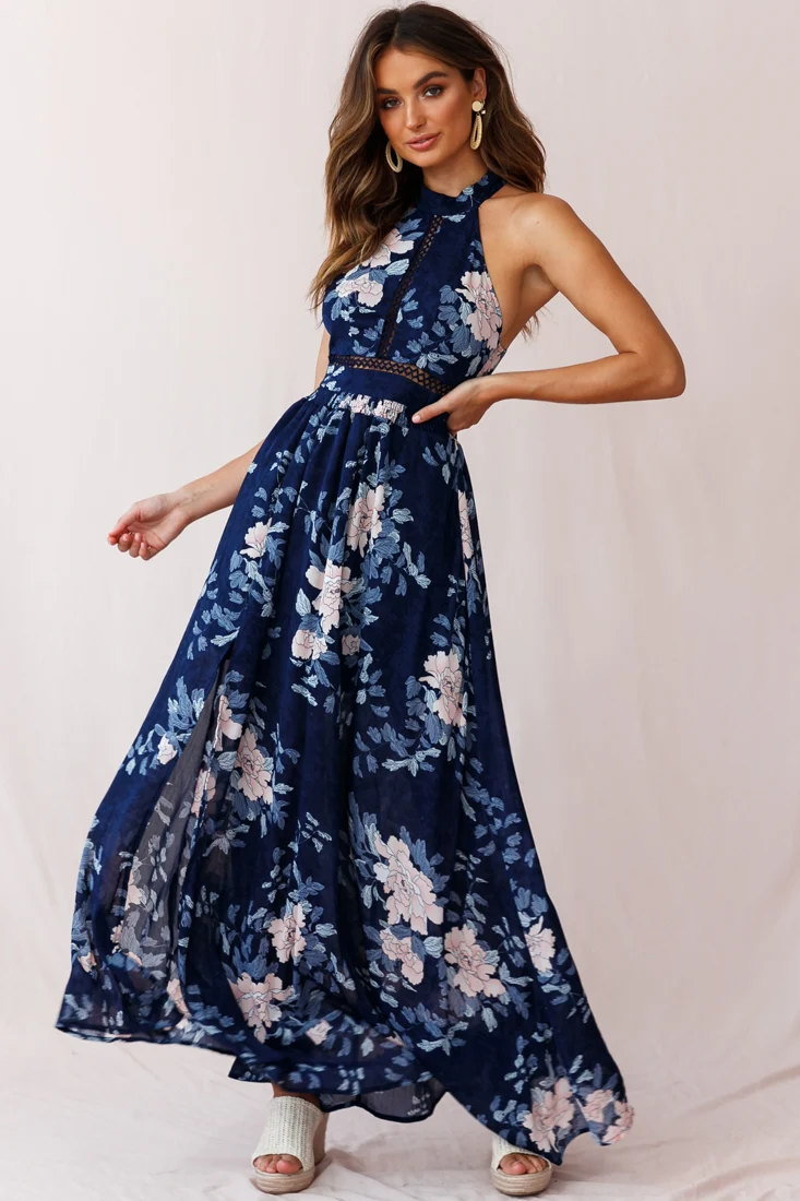 Baylor Floral Halterneck Maxi Dress Navy - Sonourner