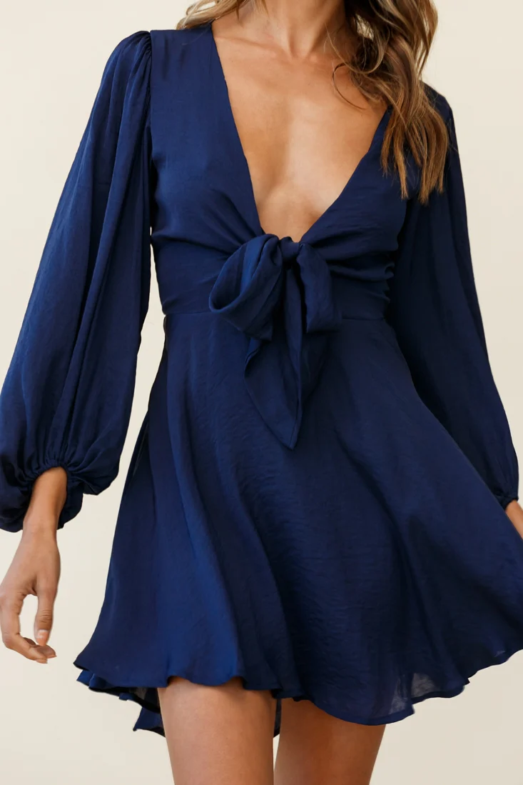 Madison Bow Tie Bust Balloon Sleeve Dress Navy - Sonourner