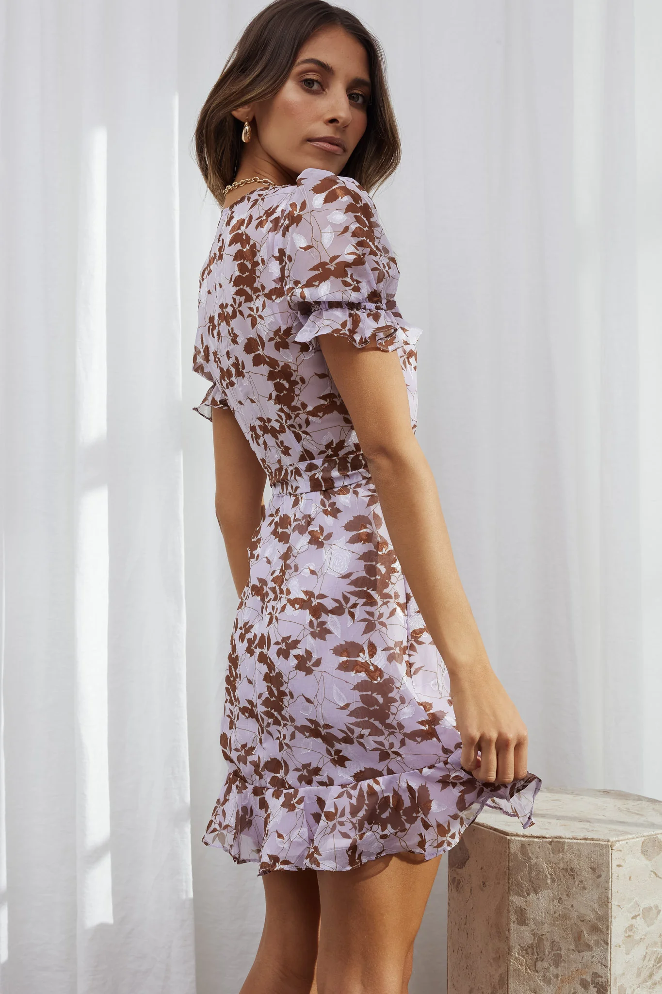 Abigail Wrap Front Puff Sleeve Dress Floral Print Lilac Multi - Sonourner