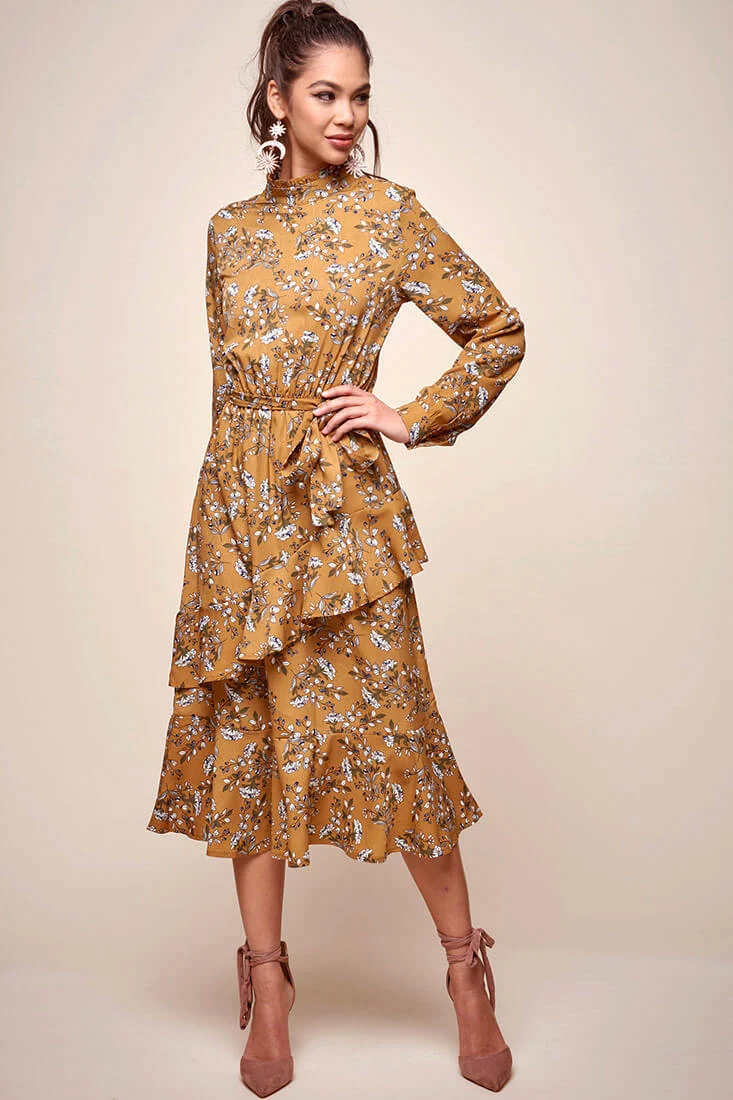 Jackson Waist Tie Bell Sleeve Dress Mustard - Sonourner