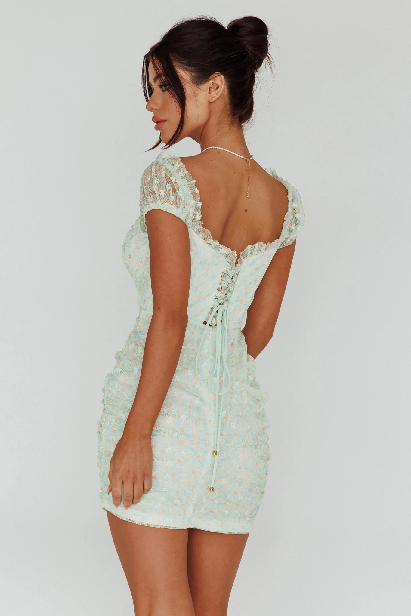 Daisy Chains Lace-up Back Mini Dress Green - Sonourner